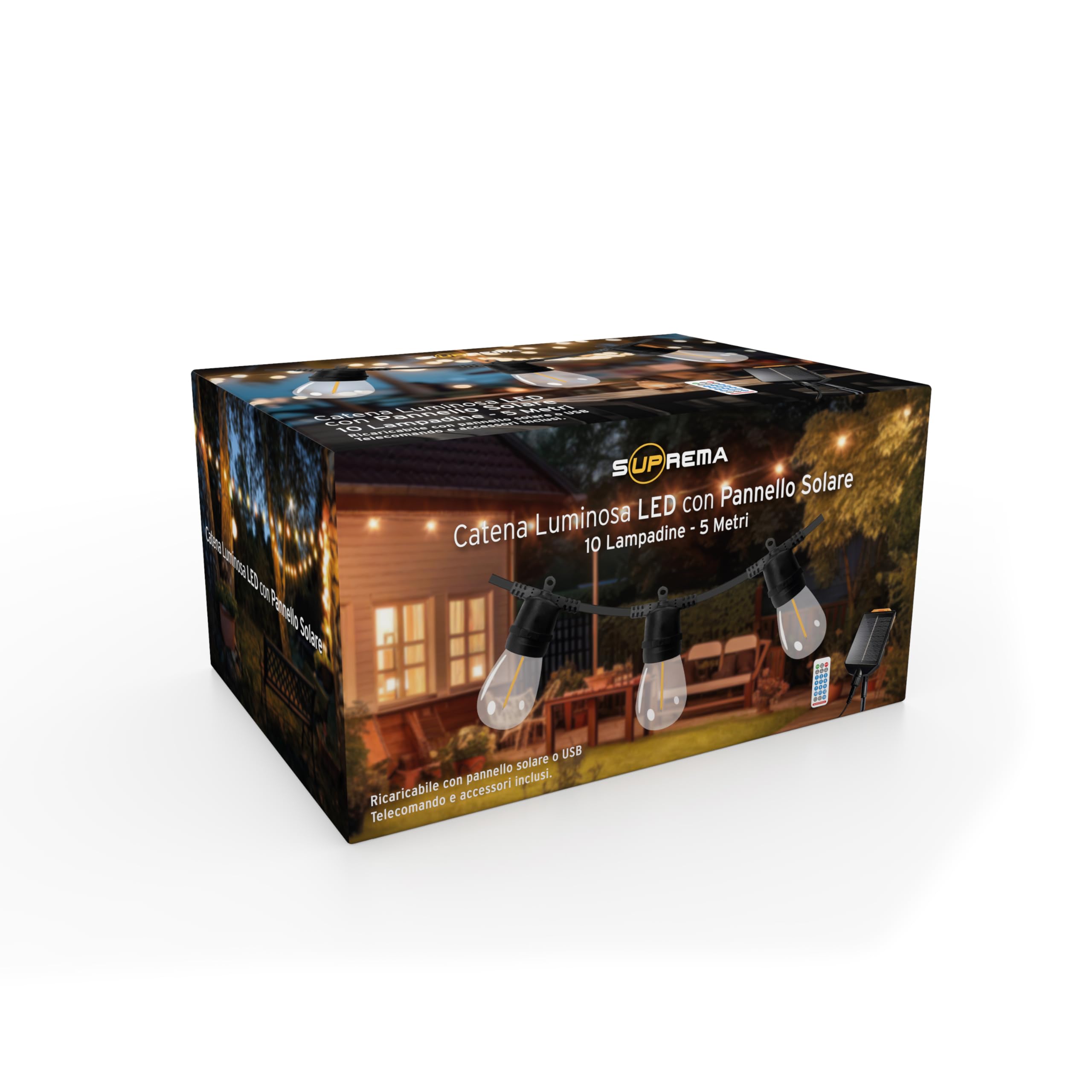 Suprema, Catena Luminosa Esterno Solare 5m, 10 Luci LED, 13 Effetti, Doppia Ricarica USB-C/Solare, Sensore Crepuscolare, IP44, Autonomia 8 Ore
