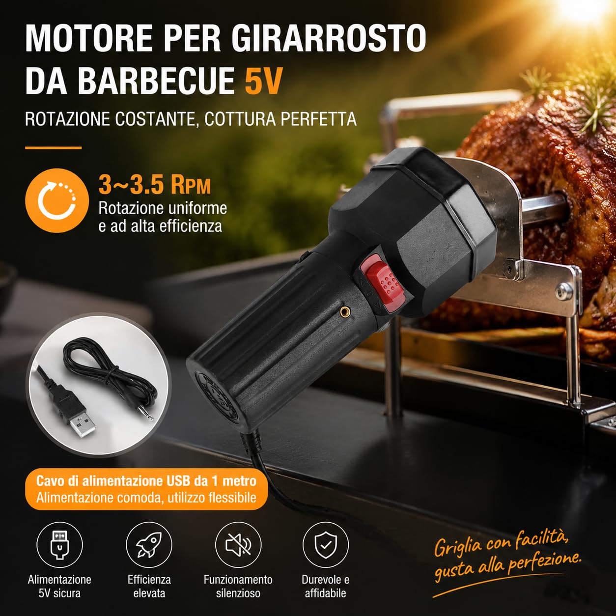 Estink Motore Girarrosto Elettrico per Barbecue, DC 5V, Rotazione CW/CCW, con Cavo USB 1m, Nero