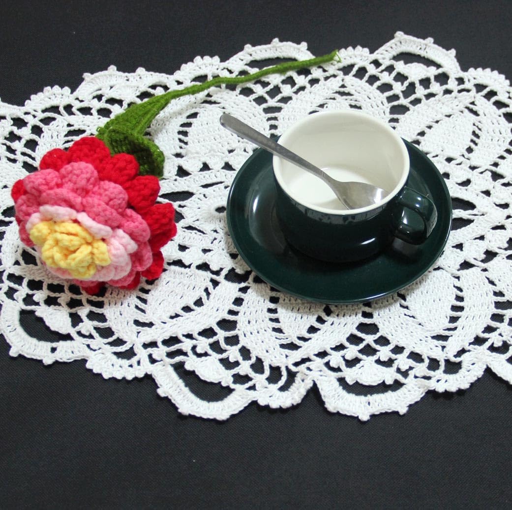 BIBITIME Lace Placemats Oval Round Flower Handmade Crochet Doily Table Mat for Kitchen Doilies (White, 4PCS-11.8 x 22 inches)