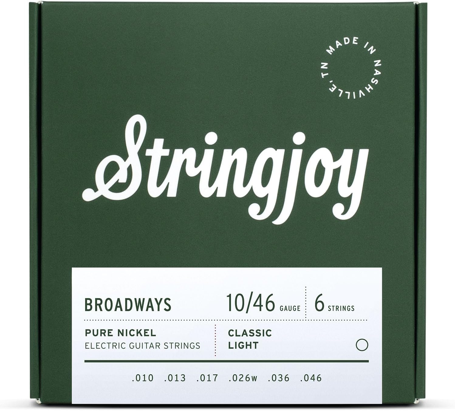 - Stringjoy BR1046 Broadways Electric Pure Nickel Guitar Strings, 10-46 Classic Light Gauge, Durable, Guitar Strings for Enhanced Tone & Smooth Play, Electric Guitar Strings 6 String Set