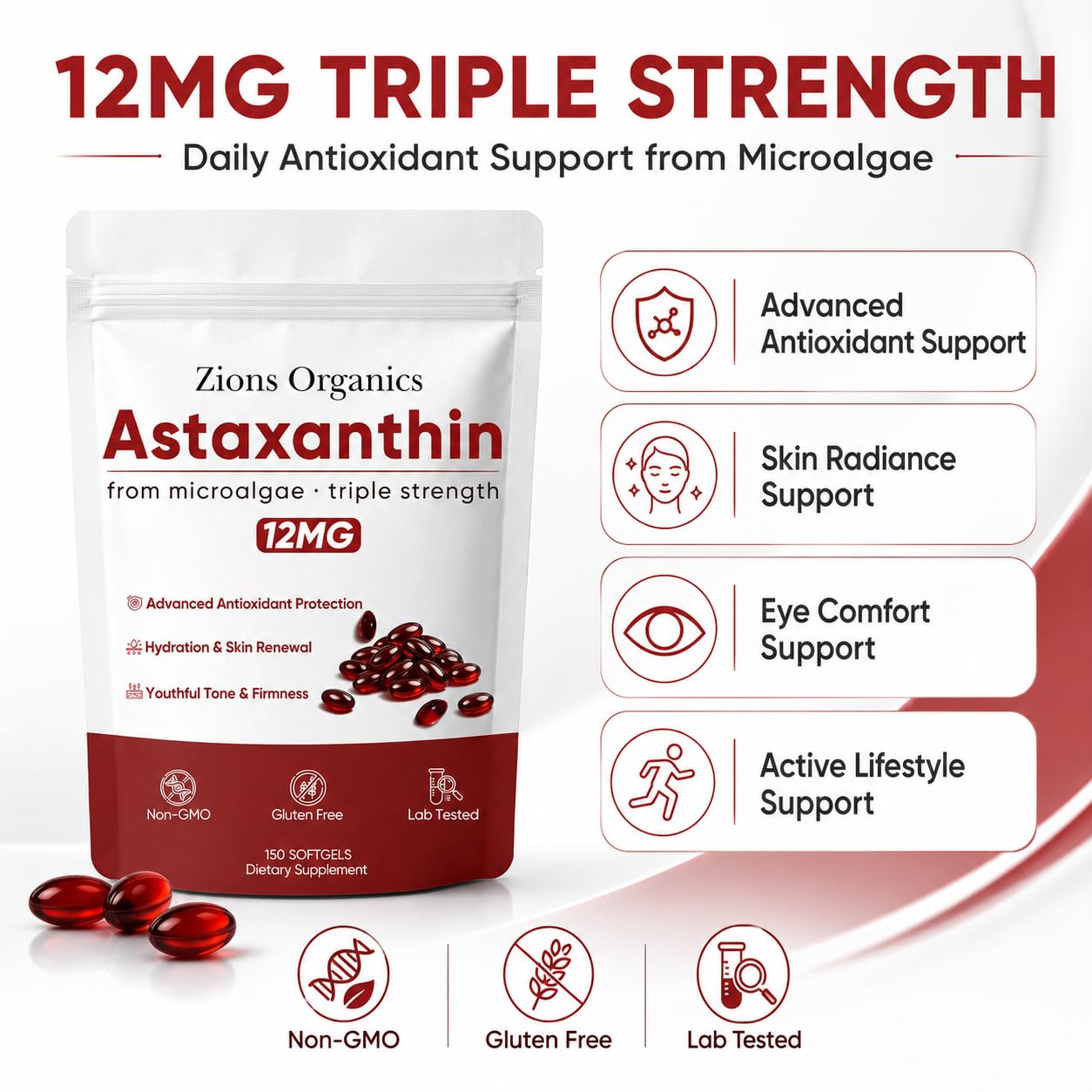 Zions Organics Astaxanthin 12mg Softgels - Premium Astaxanthin Antioxidant Supplements, Triple Strength, Non-GMO, Gluten Free, No Soy, 200 Softgels — Amazon image 8