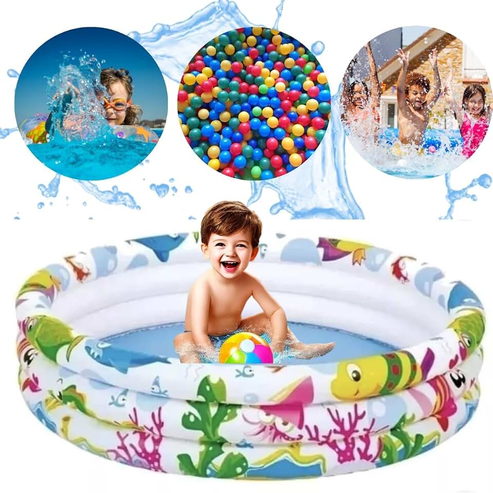 Piscina Inflável Infantil 180L Redonda com Fundo do Mar - Ideal para Crianças e Bebês no Verão, Férias e Praia, 3 Anéis em Plástico Resistente, Playground Portátil