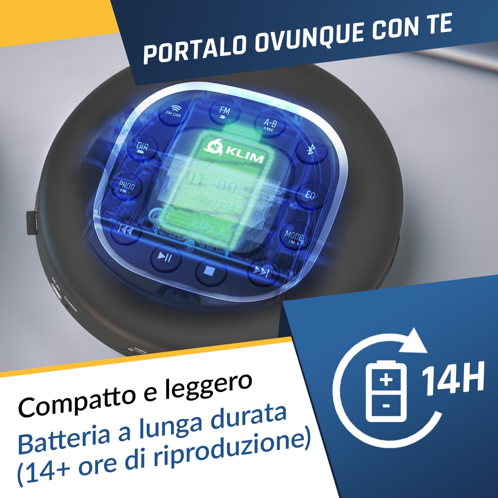 KLIM Journey - Lettore CD HiFi portatile - NUOVO - Cuffie incluse - Radio FM - Compatibile con MP3 CD Audiolibri - Lettore CD per auto - Supporta Bluetooth per Auto, scheda SD, Trasmettitore FM