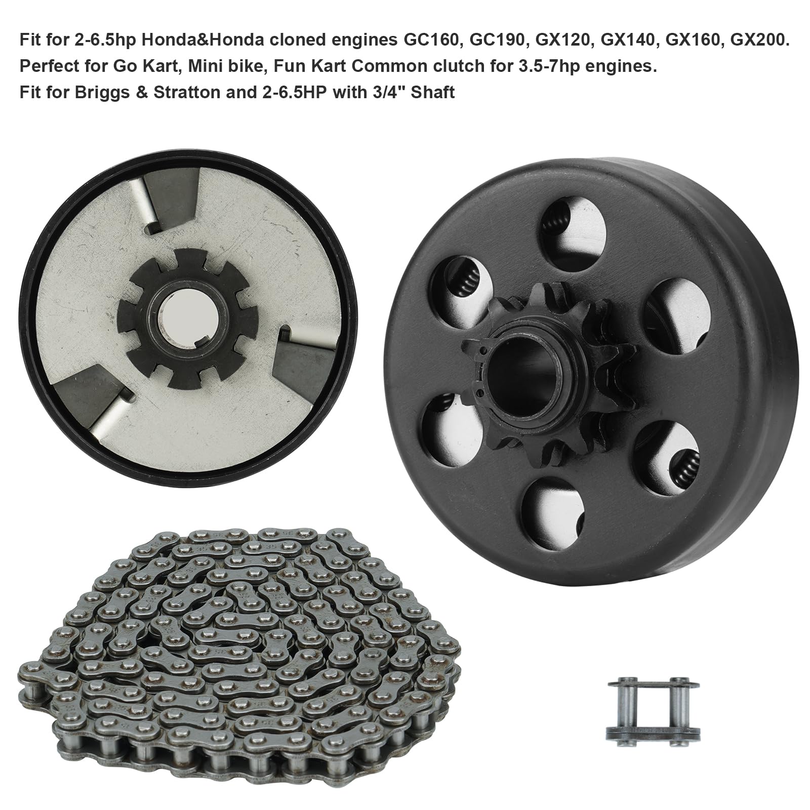 Go Kart Embrayage 3/4 alésage 10T avec chaîne #40/41/420, embrayage centrifuge pour Minibike MB165 & MB200 et moteurs Honda clonés GC160, GC190, GX120, GX140, GX160, GX200 jusqu'à 6,5 HP