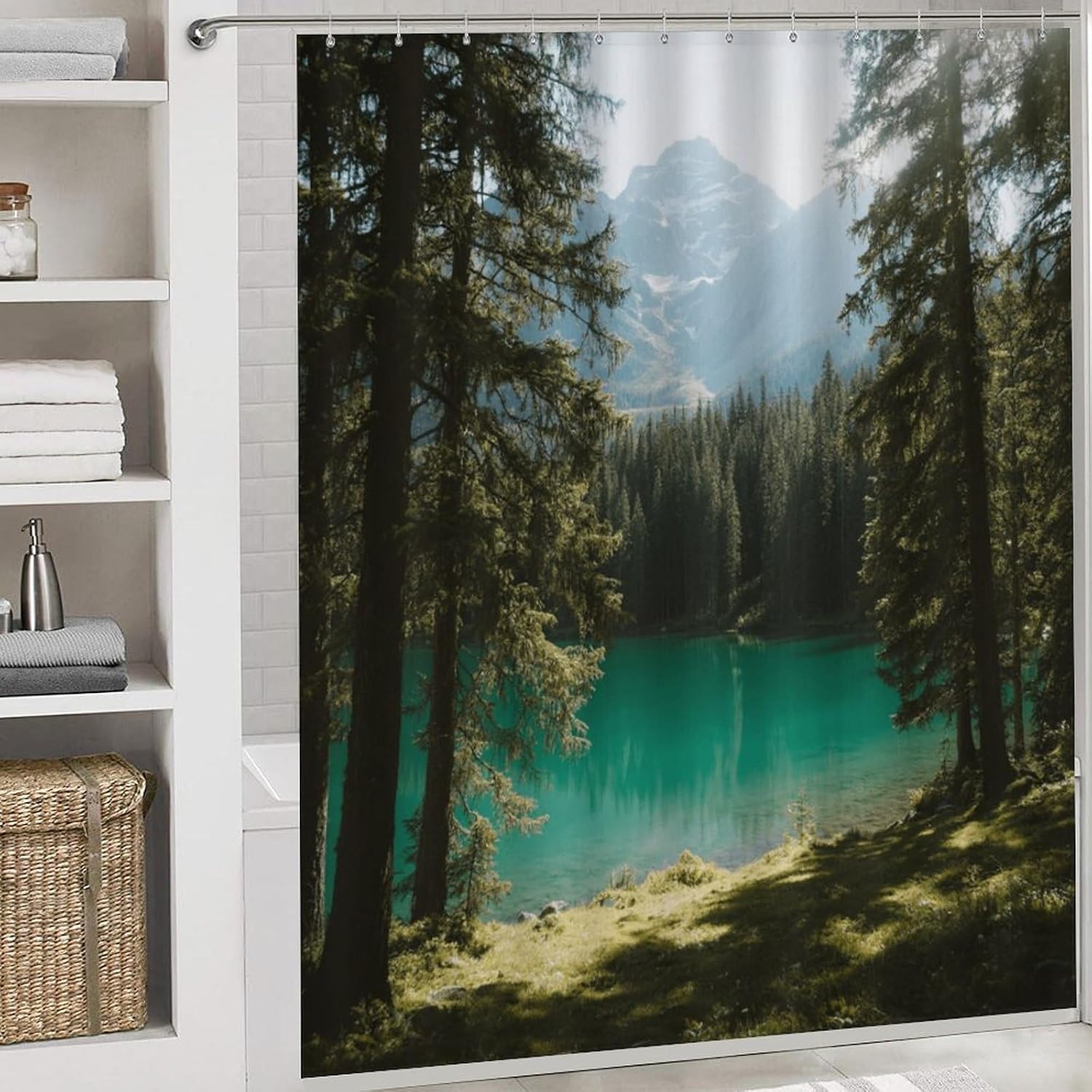 Emerald Lake Forest Bath Rug Set 4 Piece,Bathroom Accessories Set-Toilet Rugs U Shaped,Toilet Lid Cover,Shower Curtain and Rugs,Ultra Soft, Absorbent,Home Decor