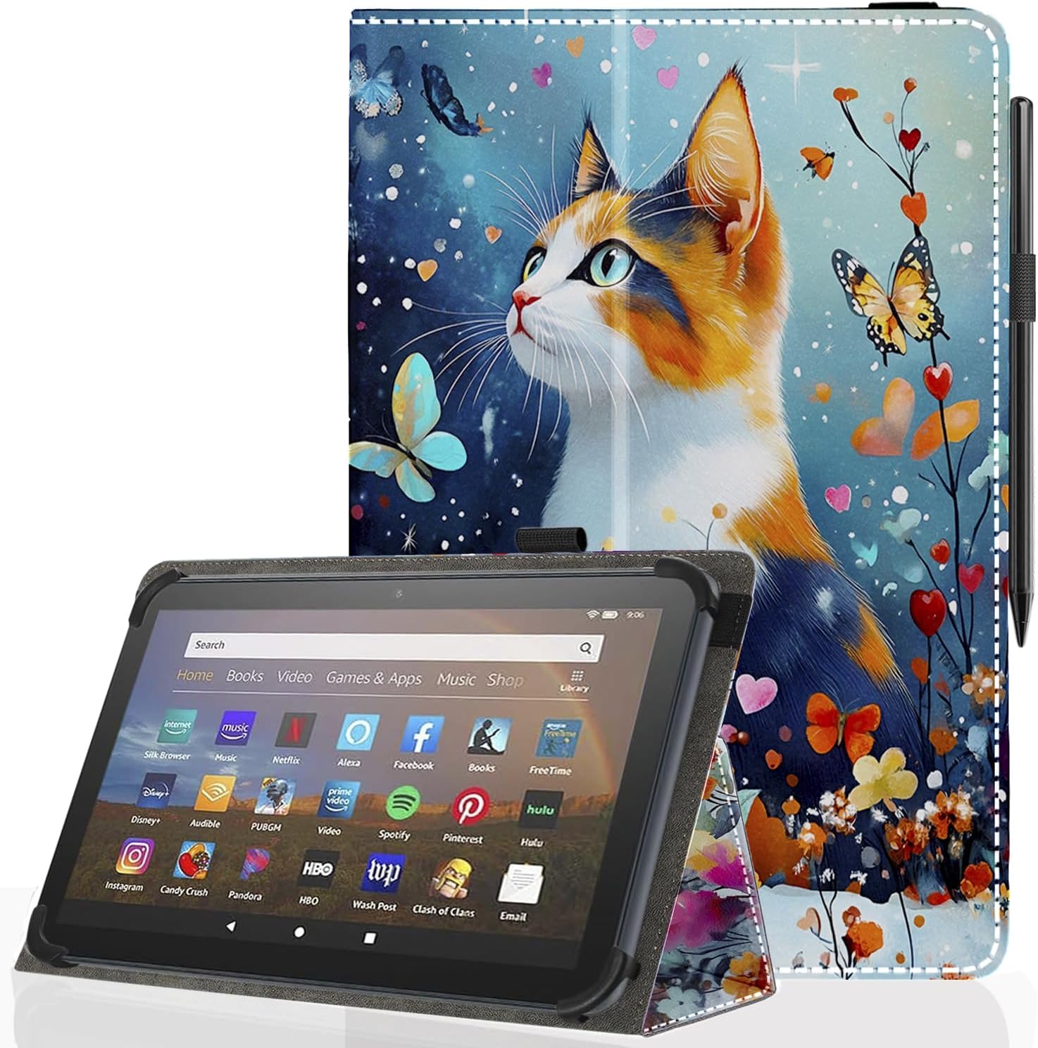 Universal 10 10.1 Inch Android Tablet Case,Slim Folding Stand Cover for All 9"-10.5" Touchscreen Tablet Case with Stylus Pen Holder,Flower Cat