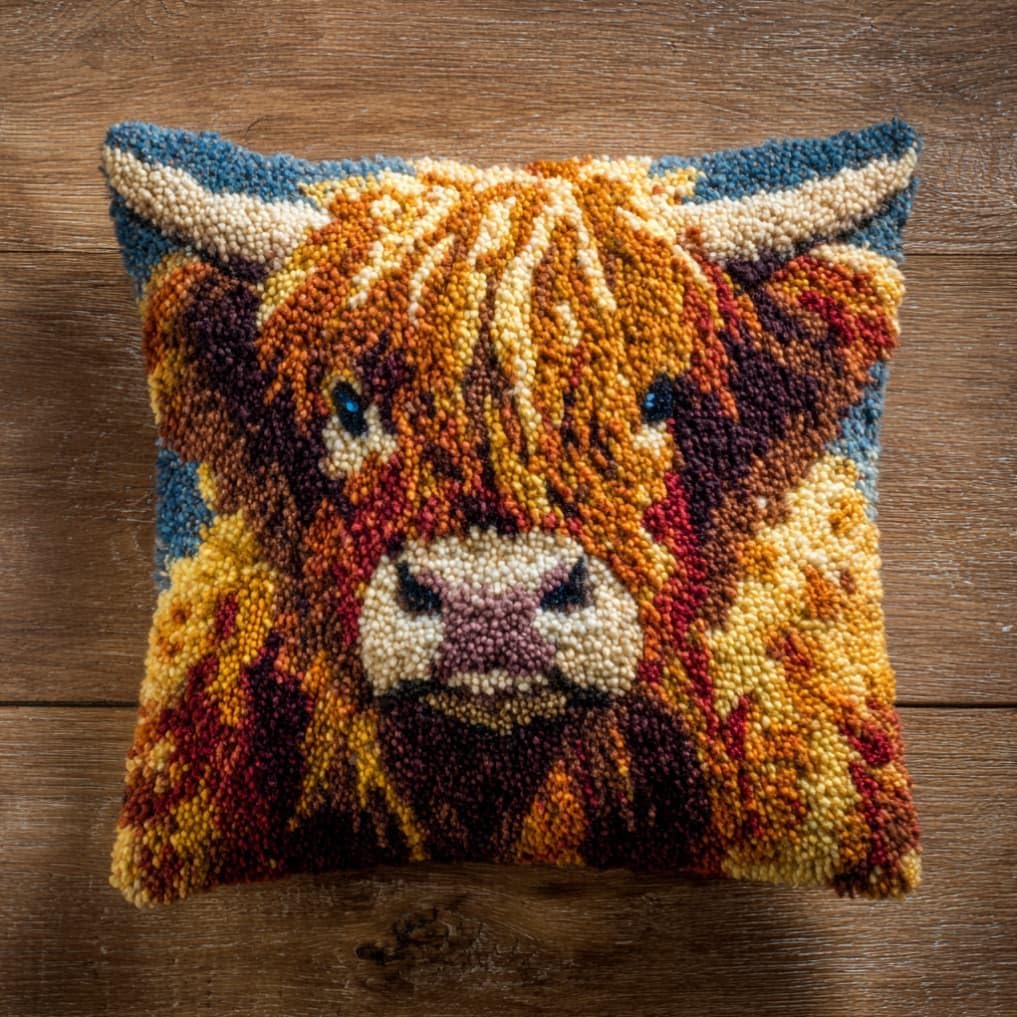 kitphoenix Latch Hook Kits for Adults Highland Cattle 43Cmx43Cm