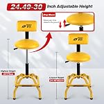 Shop Tabouret avec dossier, Tabourette de garage mécanique pour atelier, Chaise de magasin ajustable, tabourets de travail rembourrés pour hommes femmes, 300 LBS Capacité, 360° Tourneaux PVC Siège lourd, jaune