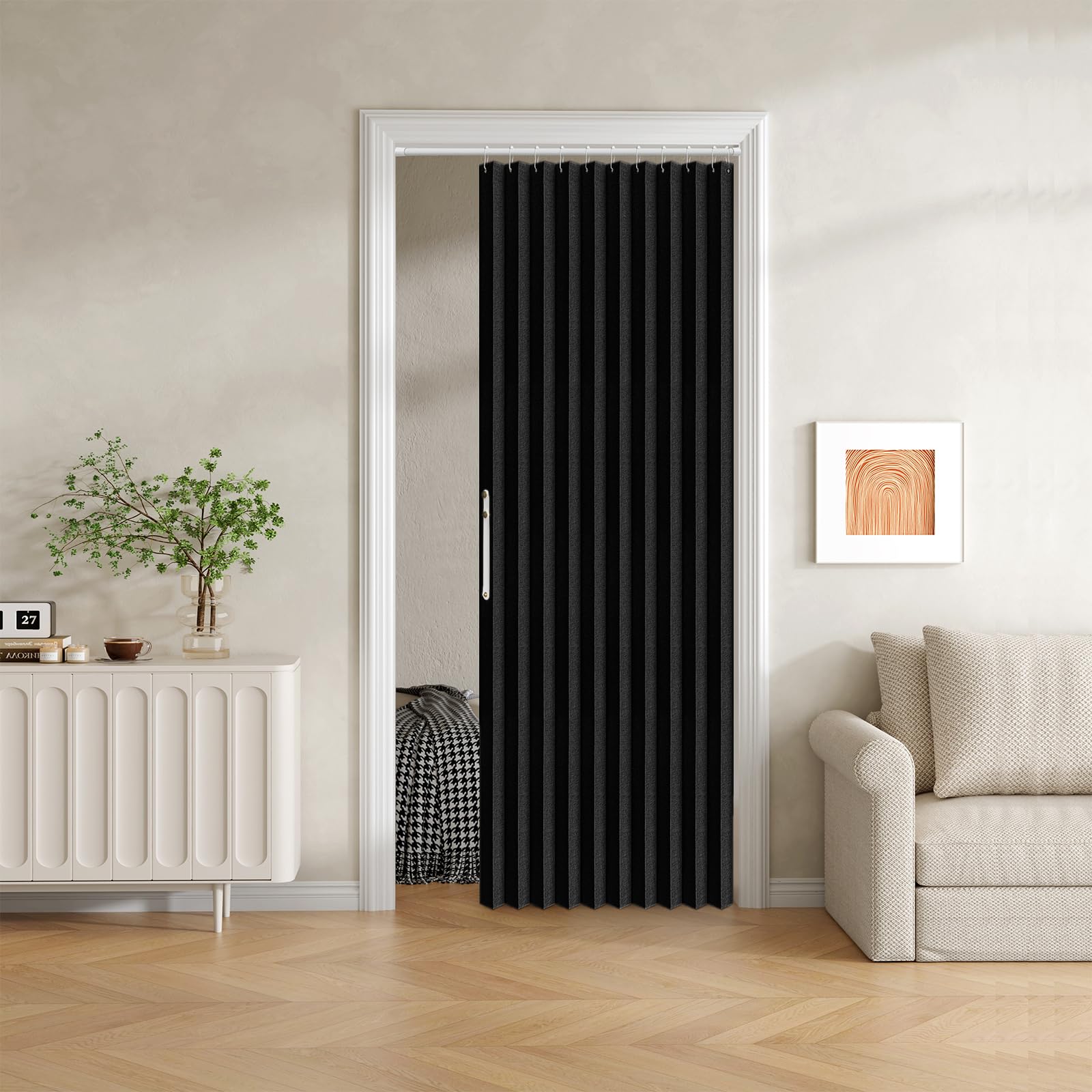 Jilron 100% Blackout Fabric Folding Curtain with Magnetic Closure - Accordion Style for Sliding Door, Closets, Wardrobe and Temporary Solutions (W42 x L78, Black, 1 Panel)Carbonfree CertifiedClimeCo Certified