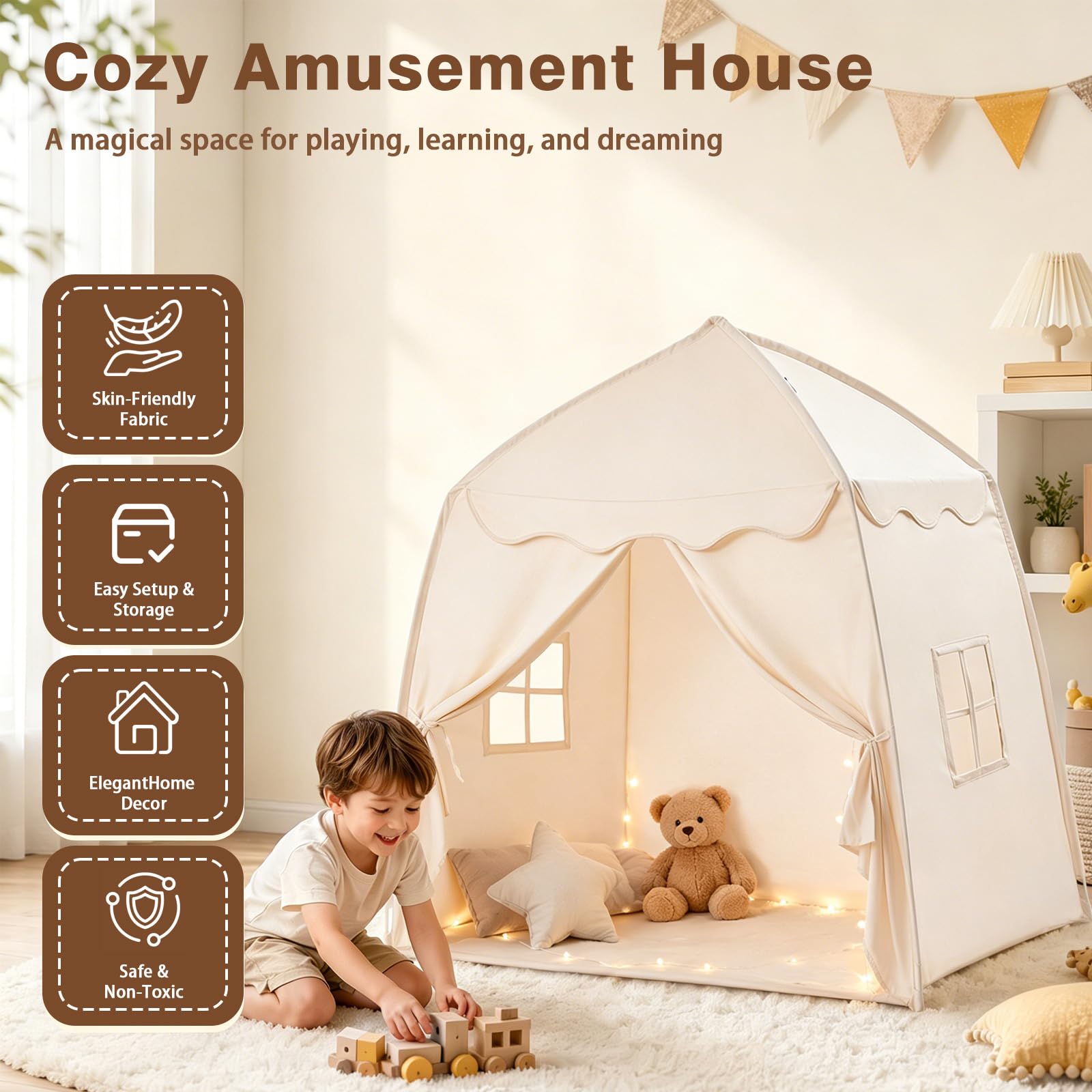 Kinderzelt Indoor Spielhaus Kinder Tipi Zelt für Kinder - Großes Spielzelt Kinder Indoor mit Lichterkette, Faltbar Kinderzelt für Kinderzimmer Oder Garten 150x100x150 cm (Beige)