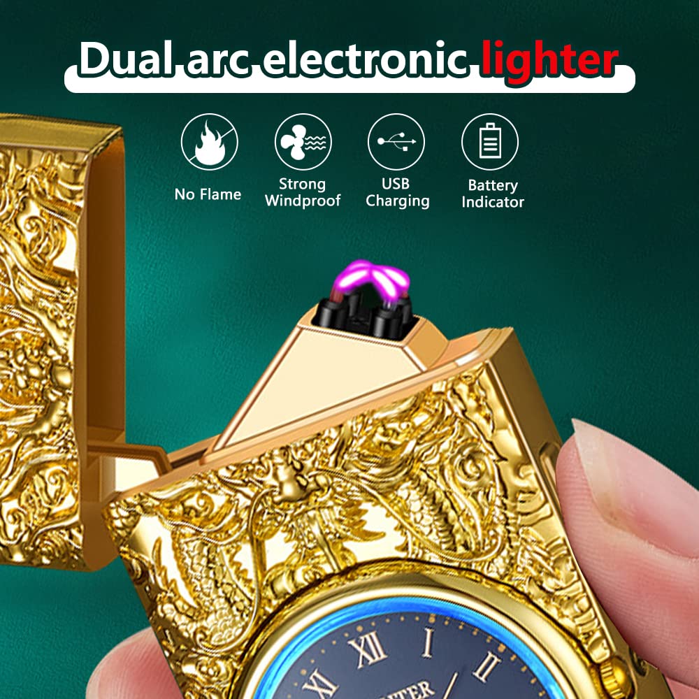 GADATOP Accendino elettrico a forma di drago, antivento, senza fiamma, ricaricabile tramite USB, con quadrante e illuminazione a LED (oro)