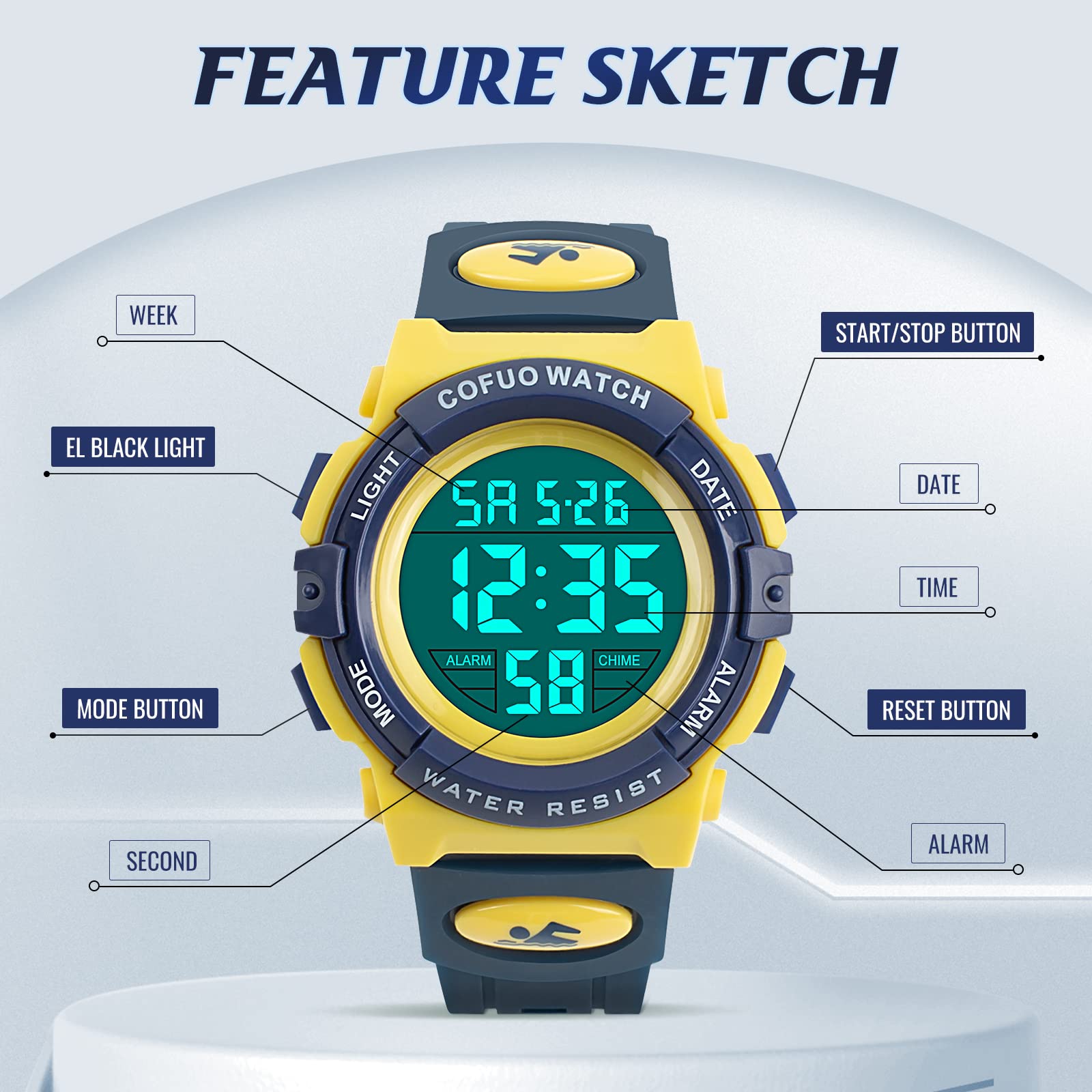 cofuo Orologio sportivo digitale per bambini e ragazzi, impermeabile, casual, elettronico, al quarzo, 7 LED colorati, con sveglia, cronometro, cinturino in silicone luminoso