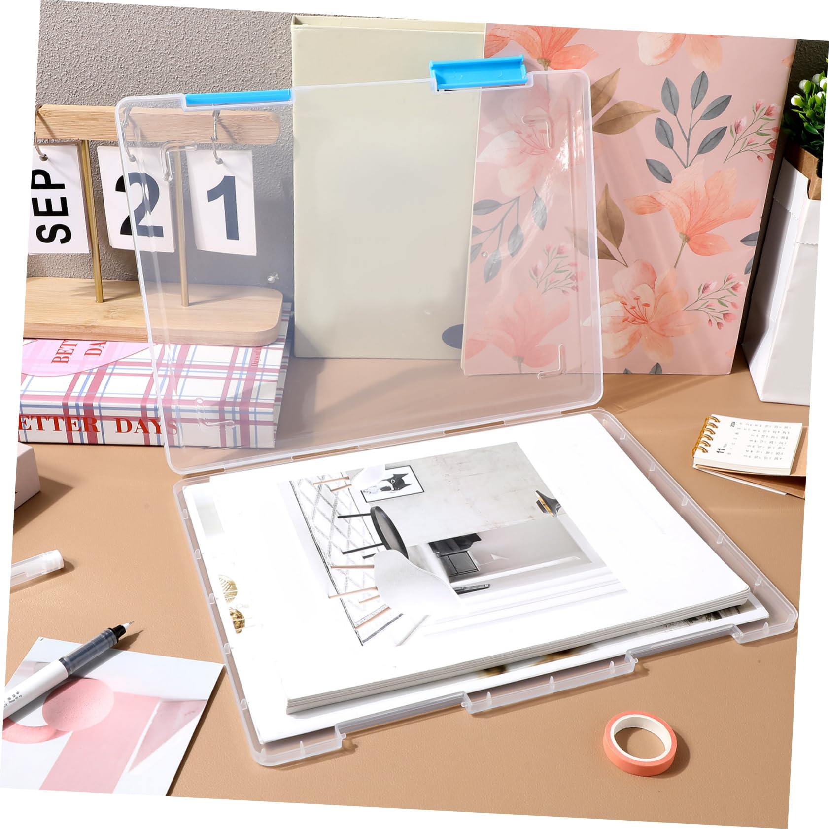 SECFOU Scatola Trasparente per Documenti A4 4pezzi, Plastico | Cartelline Portadocumenti e Storage File Boxes, con Coperchio Impilabile per Scuola e Ufficio, Decorazioni Scuola