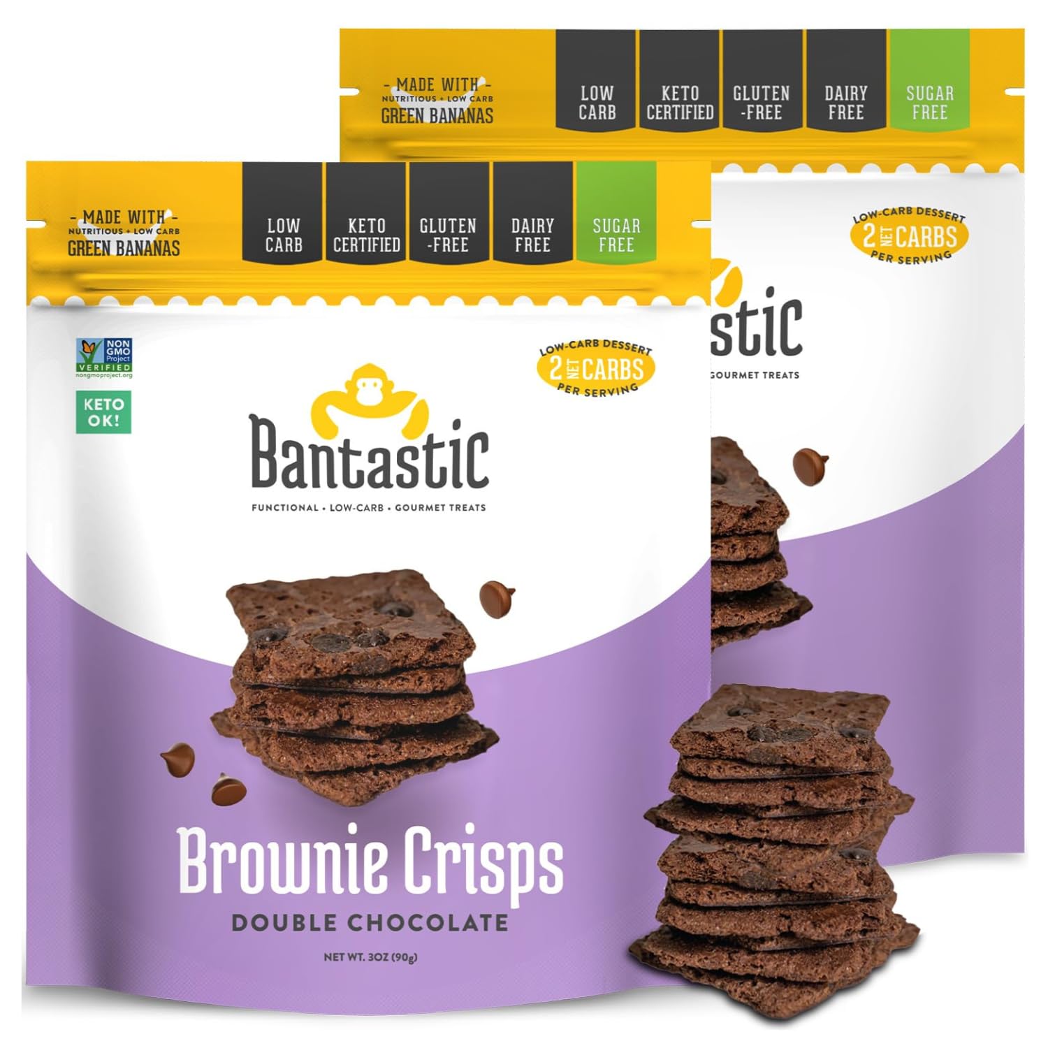 Bantastic Double Chocolate Brownie Crisps 2-Pack – Thin, Crispy & Crunchy Sugar-Free Snacks, High-Fiber, 3 Oz Ea