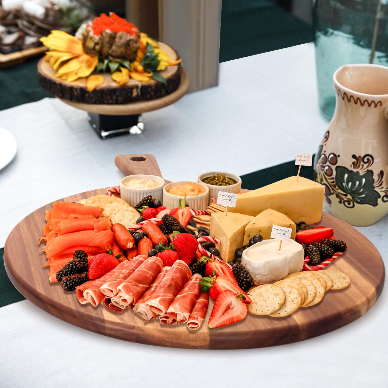 Extra großes Schneidebrett und Servierbrett aus Akazienholz, rund, 53,3 x 40,6 cm, Charcuteriebretter für Fleisch, Brot, Käse, Pizza und Schnitzen