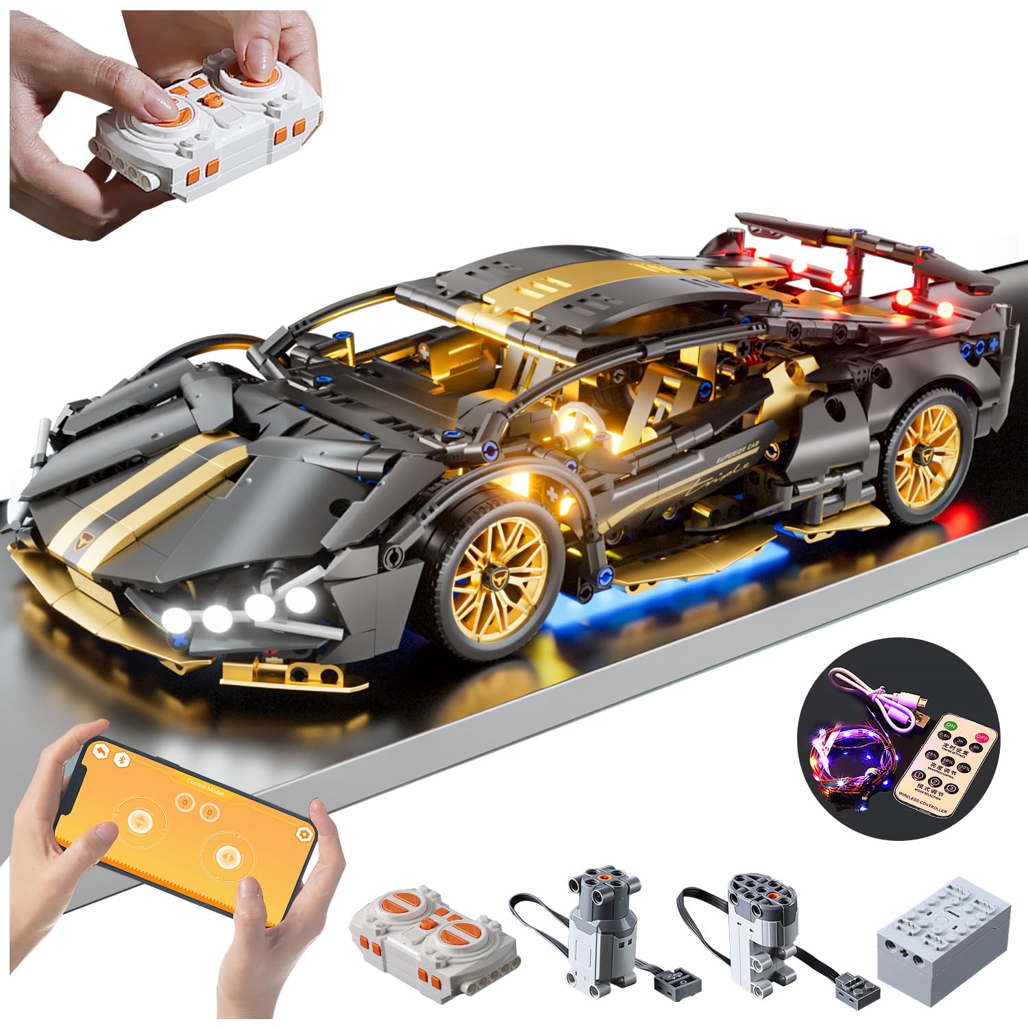 Sport Car Building Block Sets for Adults, 1:14 Remote Control Race Supercar with LED Lights,APP RC Engineering Toys Kits Birthday for Boys Men Teens 8+ 8-12 12 13 14 (1314 PCS)