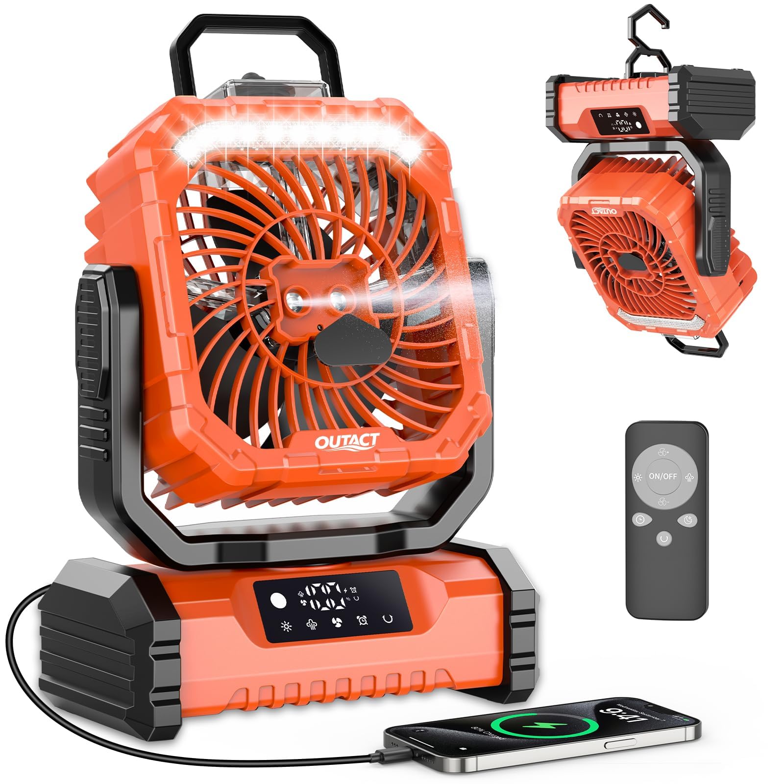 Ventilateur Camping Silencieux avec Lumière, Ventilateur Sans Fil Portable, Mist Fan Batterie Rechargeable 20000mAh avec Rotation et Minuterie, Crochet de Suspension pour Car Extérieur Bureau - Orange | Mist Fan Batterie Rechargeable 20003mAh avec Rotatio