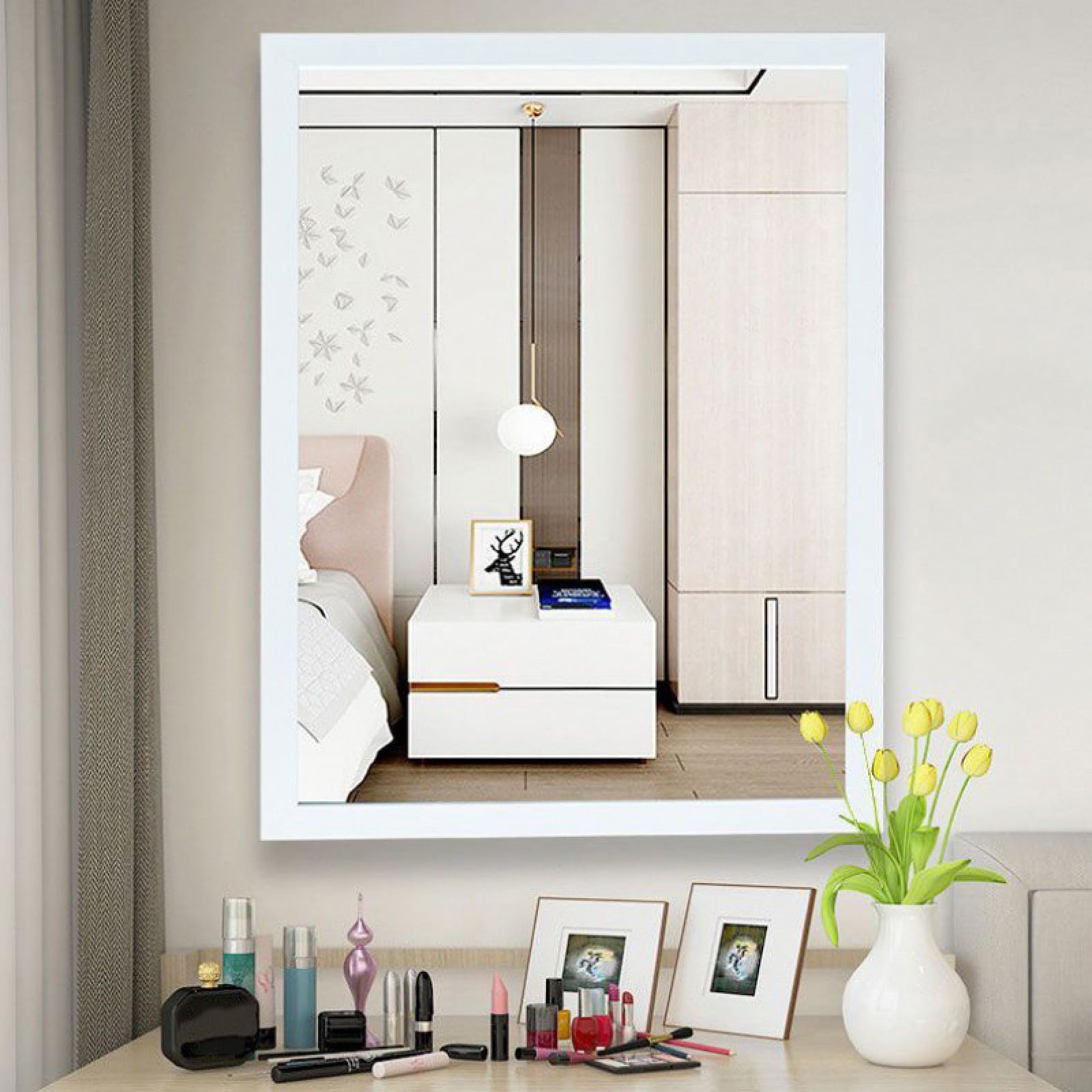 Miroir mural rectangulaire en bois blanc rustique pour salle de bain et salon 12x16 pouces
