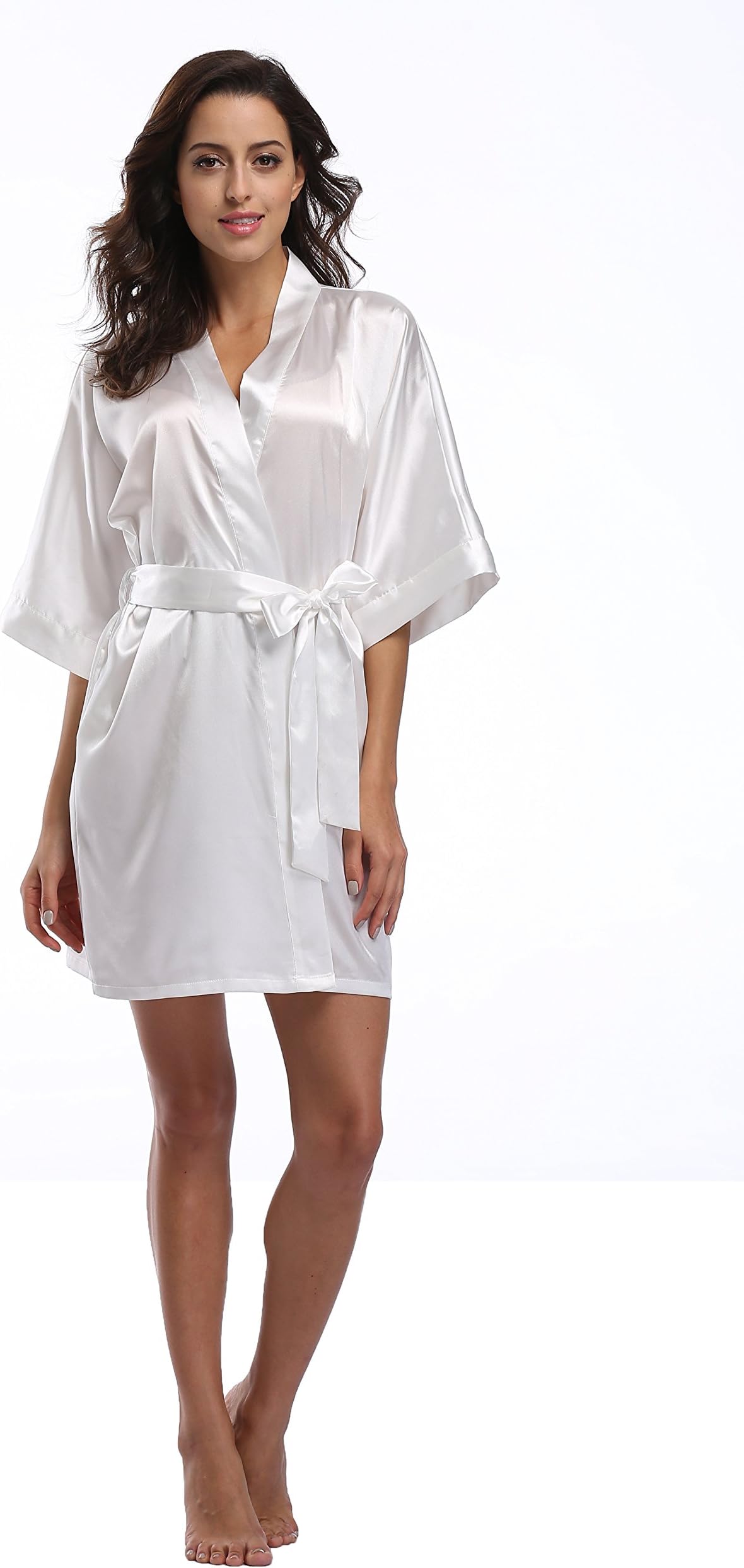 Luvrobes Women's Satin Kimono Robe, Solid Color, Short (White, L)