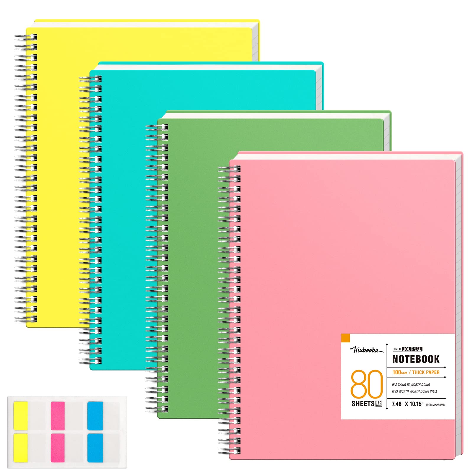 HIUKOOKA Spiral Journal Notebook 7.48"X 10.15"(B5),4 Pack Hardcover Notebook with Sticky Notes,160 Pages Per Notebook,100GSM Thick Paper,Cute Notebook for Study,Meeting,Diary Writing(LakeBlue, Pink,