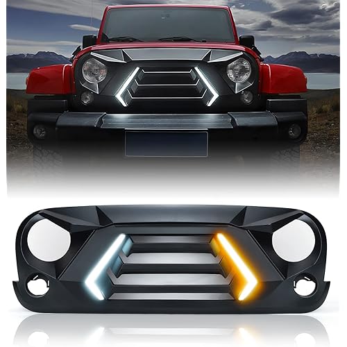 Xprite Front Grill with Turn Signals and Daytime Running Light, Matte Black Grille Compatible with 2007-2018 Jeep Wrangler JK JKU-Patent Design