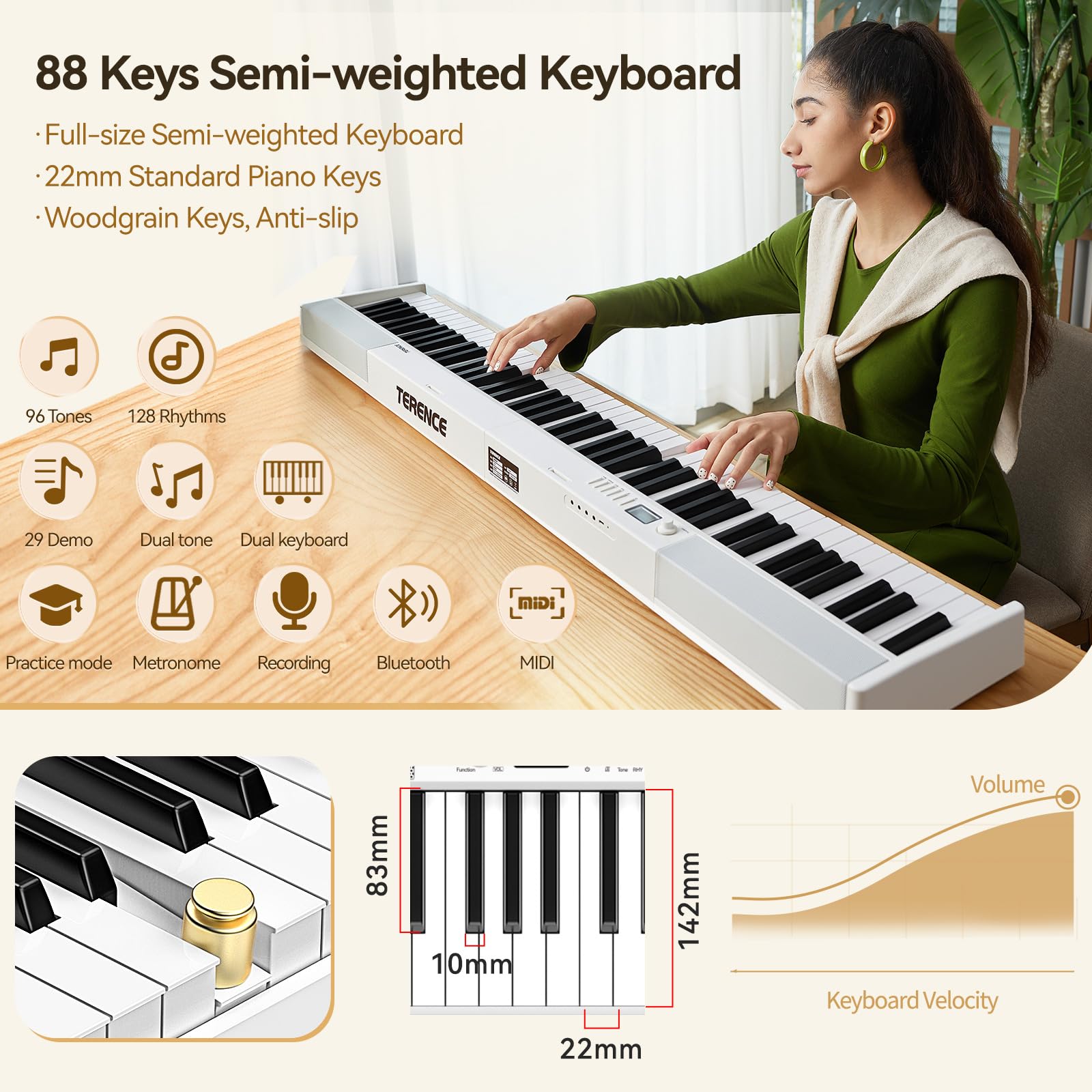 TERENCE Pieghevole Pianoforte Digitale 88 Tasti semi-pesati con batteria da 1800 mAh Altoparlanti 2x5W Bluetooth interfaccia MIDI supporto per spartiti Borsa Cavo audio con Pedale di sostegno Bianco