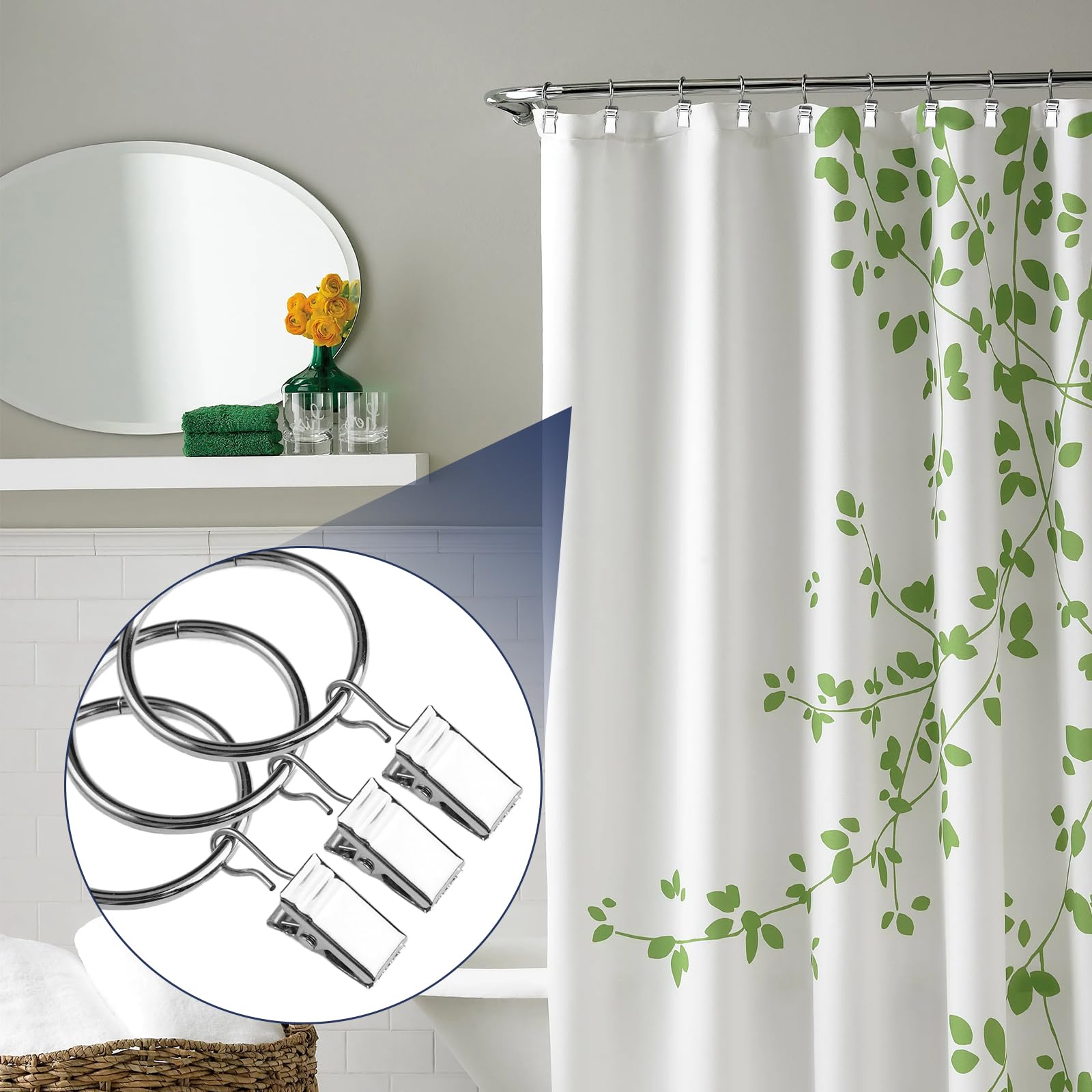 YIXISI 15 Piezas Anillos de Cortina con Clips, 32mm de Diámetro Interior Argollas para Cortinas con Pinza, ​Clips de Cortina Anillos Decorativos de Metal, para Cortinas y Barras (Plata