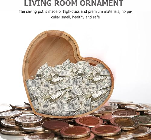 Miniatura 9 de STOBOK Alcancía de madera, caja de dinero irrompible con forma de corazón, caja de ahorro de dinero para niños y niñas, regalo de cumpleaños,