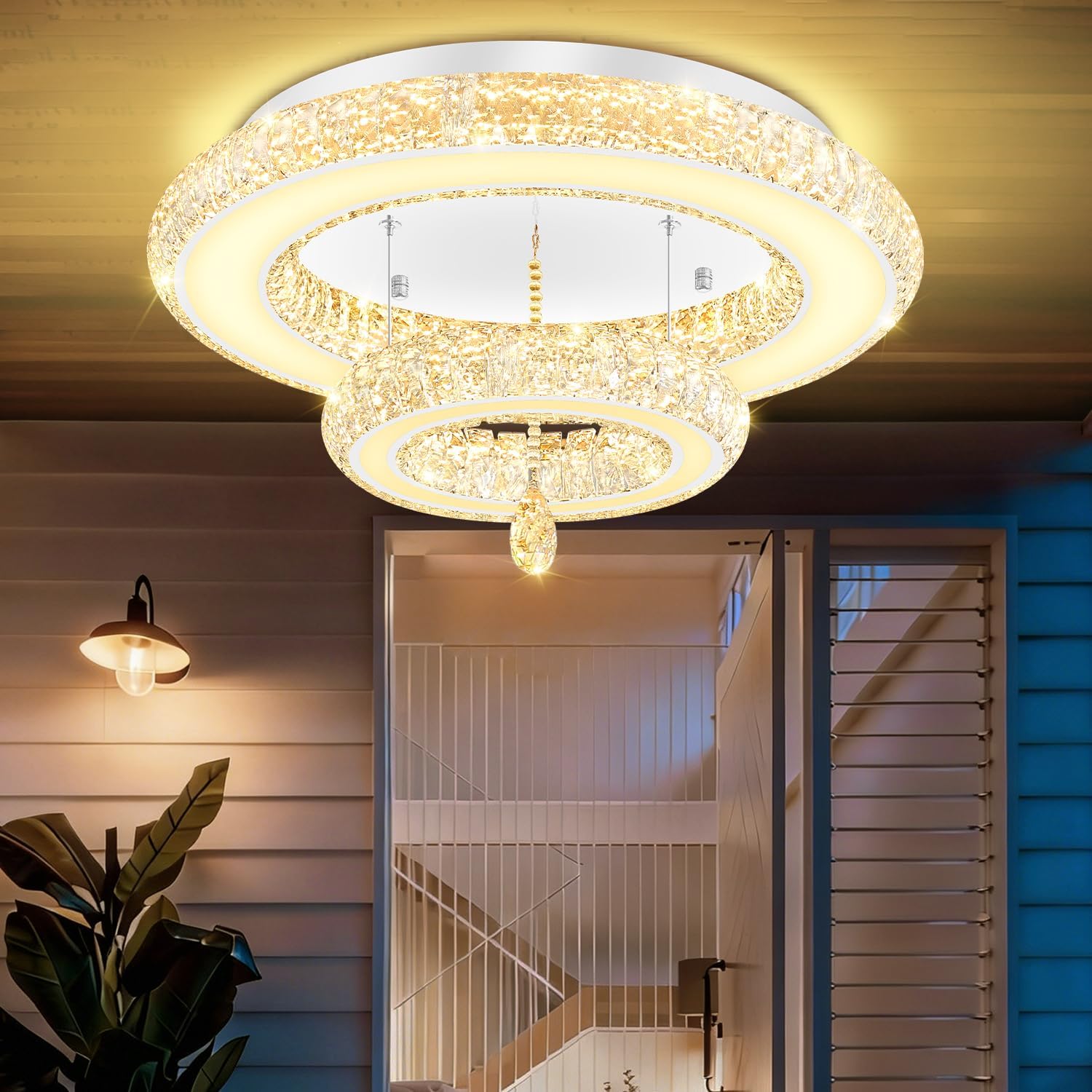 Glam Crystal Ring Chandeliers for Living Room Silver 24in Modern Led Flush Mount Chandelier with K9 Crystal Raindrop