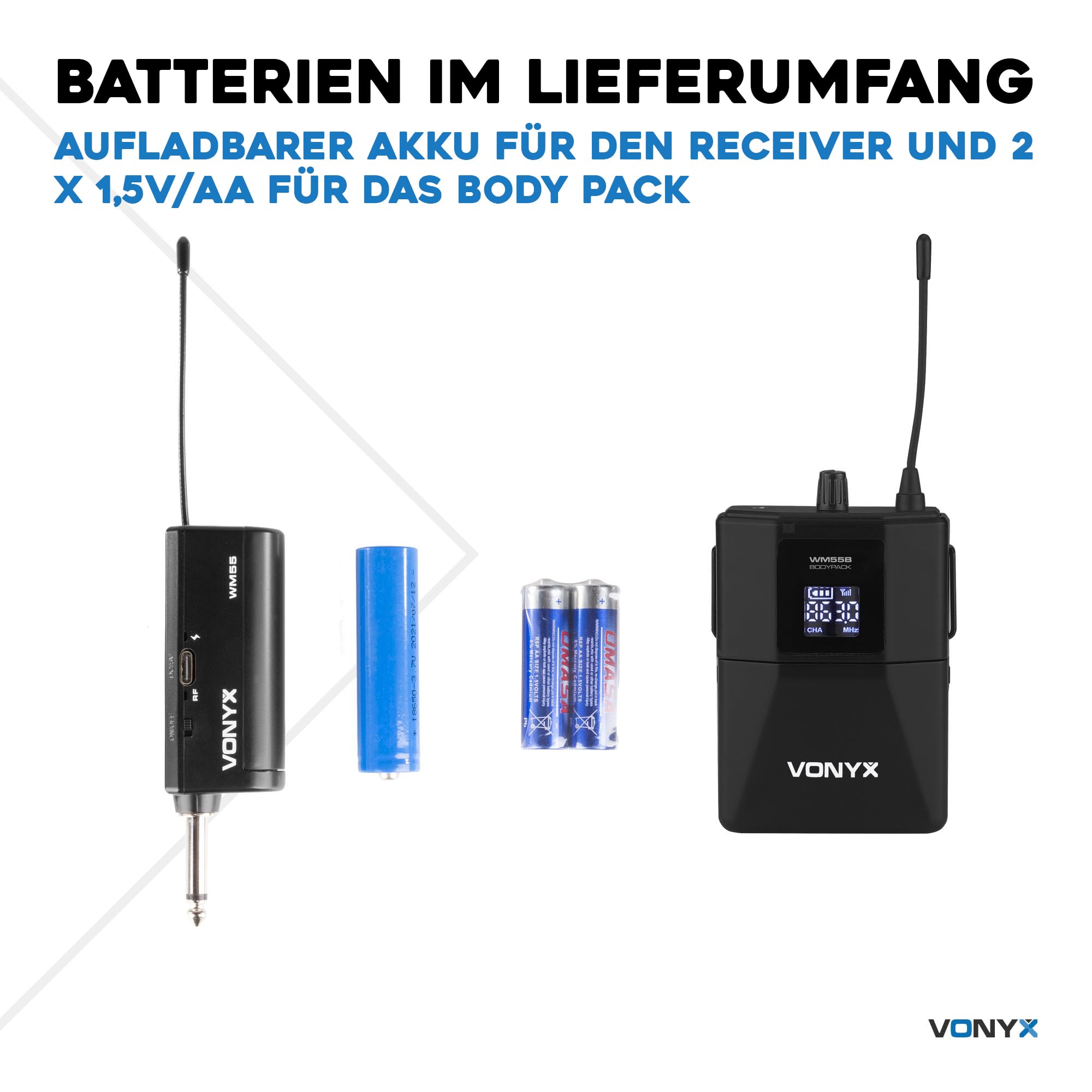 Vonyx WM55B Funkmikrofon Set, Headset und Lavalier Mikrofon Kabellos, UHF 863-865 MHz, 50m Reichweite