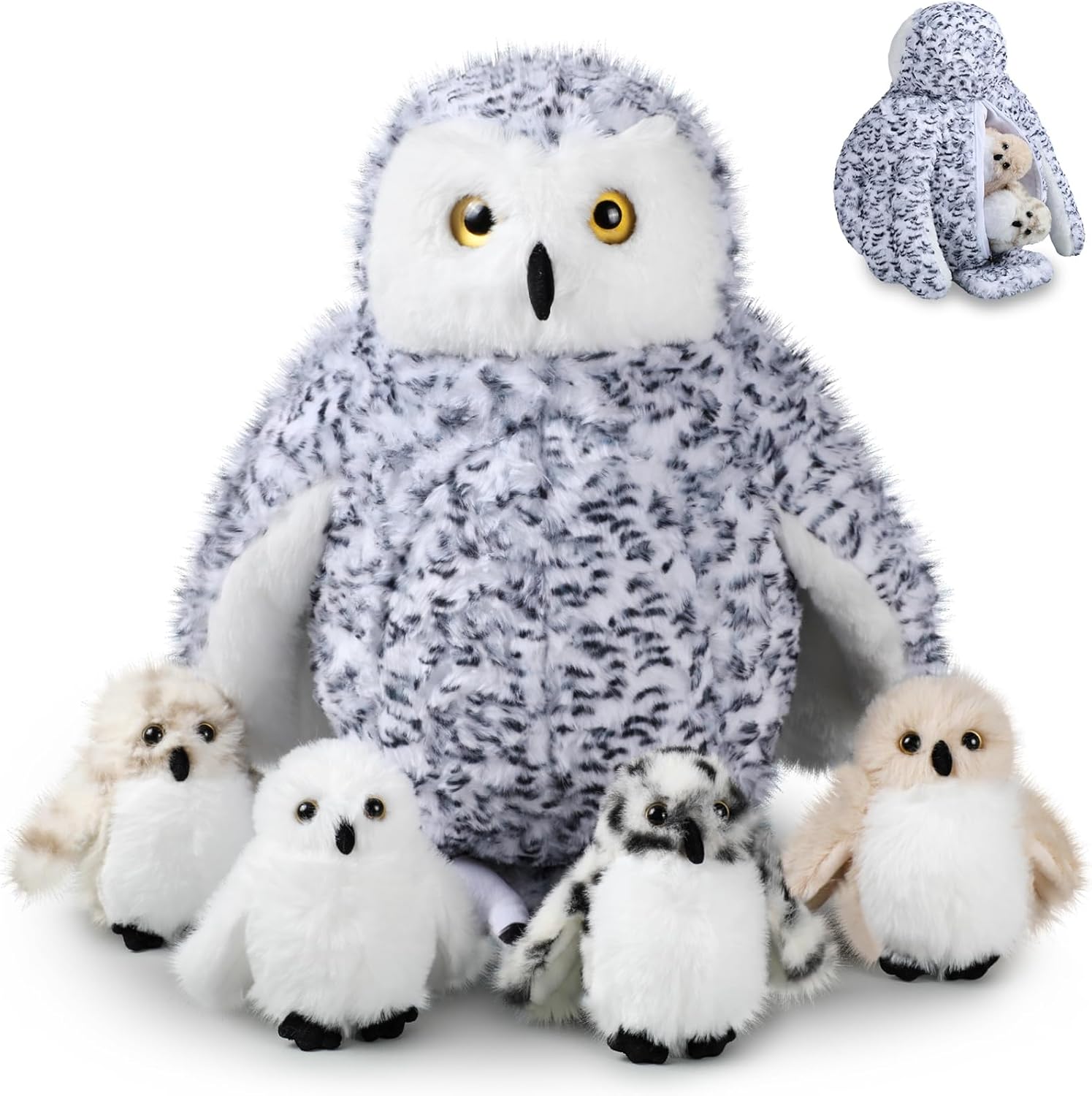 HyDren 5 Pcs Snowy Owl Stuffed Animal 16 Inch Mommy Stuffed Plush Toy with 4 Baby Owl in Zippered Tummy Cuddly Plushies Toy Gifts for Kids Adults Birthday Christmas Party Decors