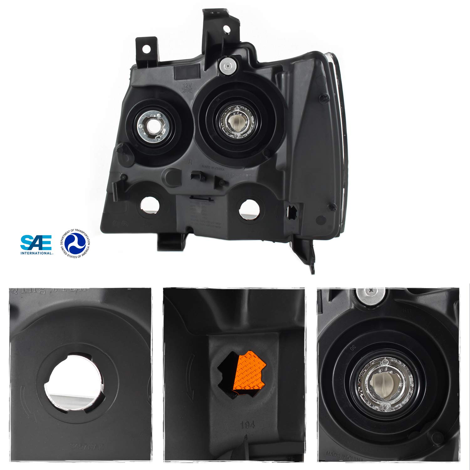 AKKON - Fits 2007-2013 14 Chevy Tahoe Suburban Avalanche Model Black Headlights [Halogen Type] Right Passenger Side