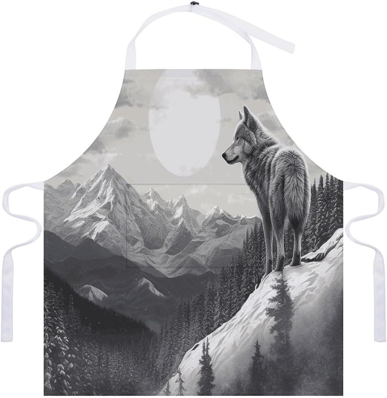 Snow Mountain Lone Wolf Apron Waterproof Adult Bib Apron with Pockets Chef Aprons Long Style Women Men Aprons for Home Kitchen Cooking Baking Gardening