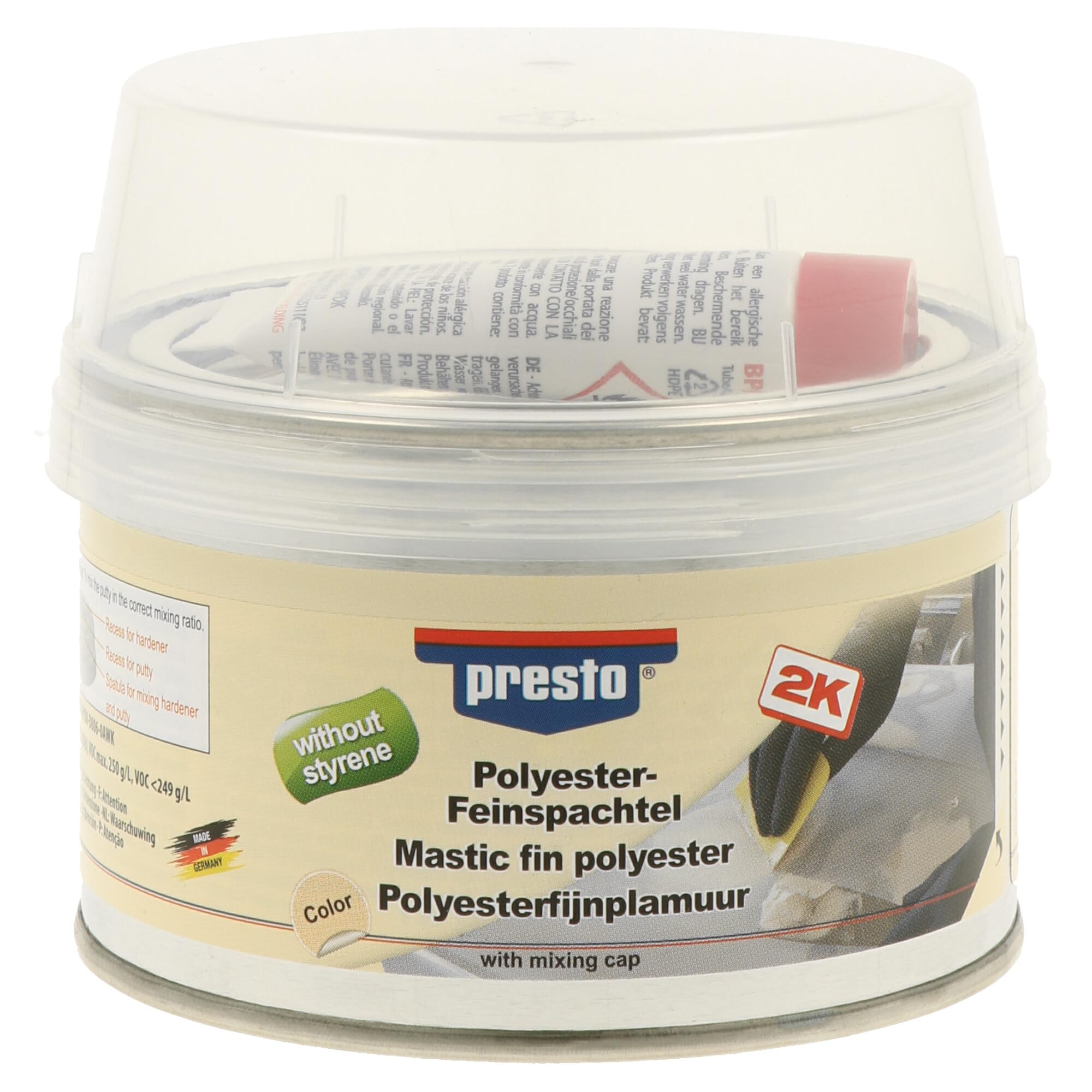 presto Feinspachtel styrolfrei 500 g – 2K Polyester Feinspachtel für glatte Oberflächen, Auto Reparatur, Holz, Beton, schnelltrocknend, leicht schleifbar