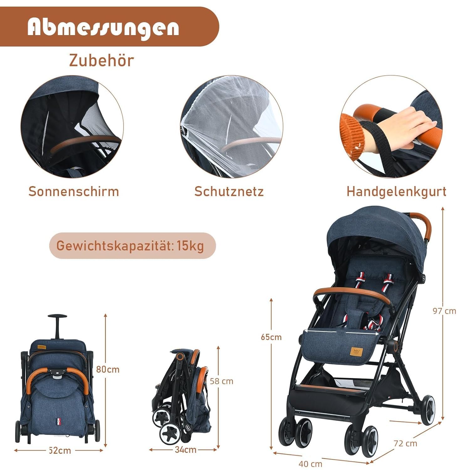 DREAMADE Kinderbuggy Klappbar mit Liegefunktion, Faltbar Buggy mit 5-Punkt-Sicherheitsgurt & Aufbewahrungskorb & Bremse, Kinderwagen für Baby 0-3 Jahren (Dunkelblau)