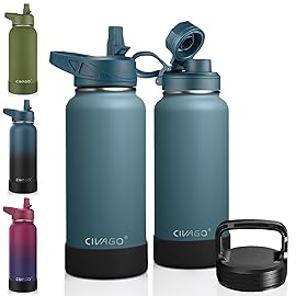 CIVAGO 32 oz Insulated Water Bottle With Straw, Stainless Steel Sports Water Cup Flask with 3 Lids (Straw, Spout and Handle Lid), Wide Mouth Travel Thermal Mug, Blue Spruce