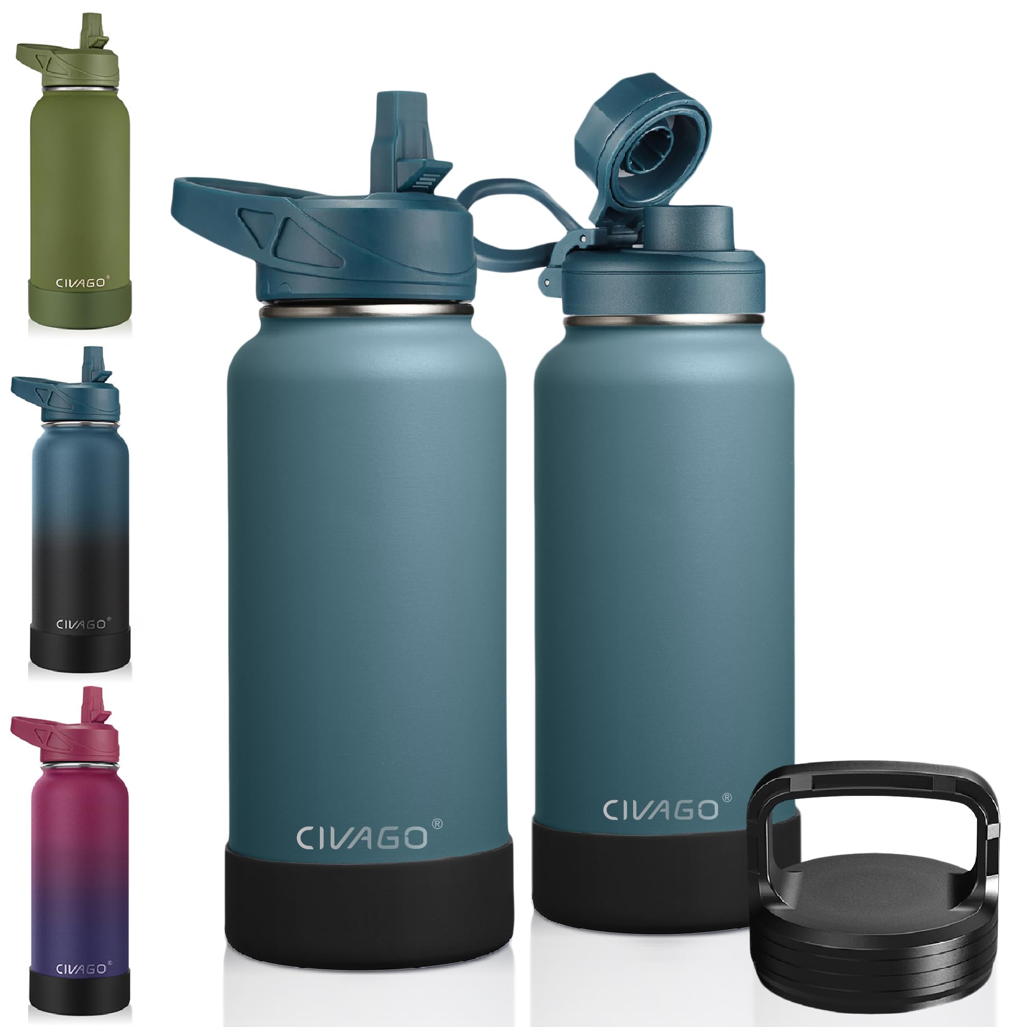 CIVAGO 32 oz Insulated Water Bottle With Straw, Stainless Steel Sports Water Cup Flask with 3 Lids (Straw, Spout and Handle Lid), Wide Mouth Travel Thermal Mug, Spruce Blue