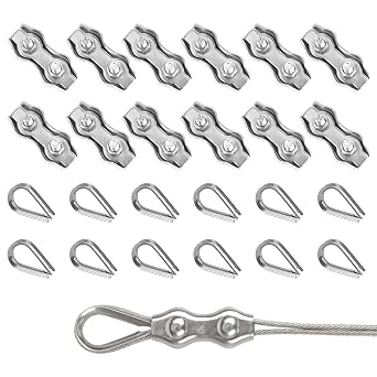 Rybtd Wire Clamp 24 PCS M4 Duplex Wire Rope Grips with M4 Wire Rope Thimbles,304 Stainless Steel 4mm Wire Rope Clamp Fence Wire Connector for 3mm Wire Rope Cable for Clothesline Tensioner Awning Fixed