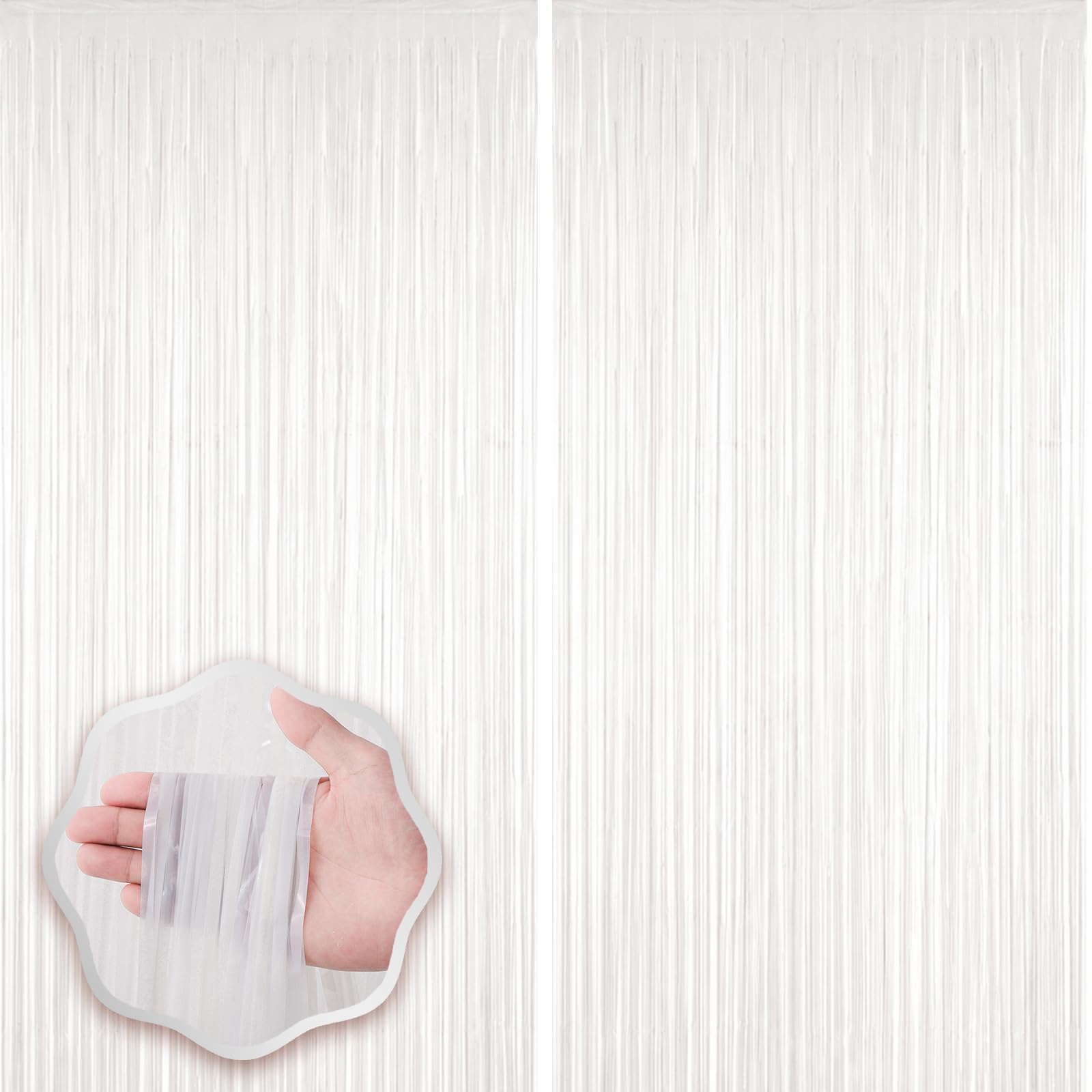 Voircoloria Pastel White Foil Fringe Backdrop Curtains,3.3x6.6ft, 2 Pack