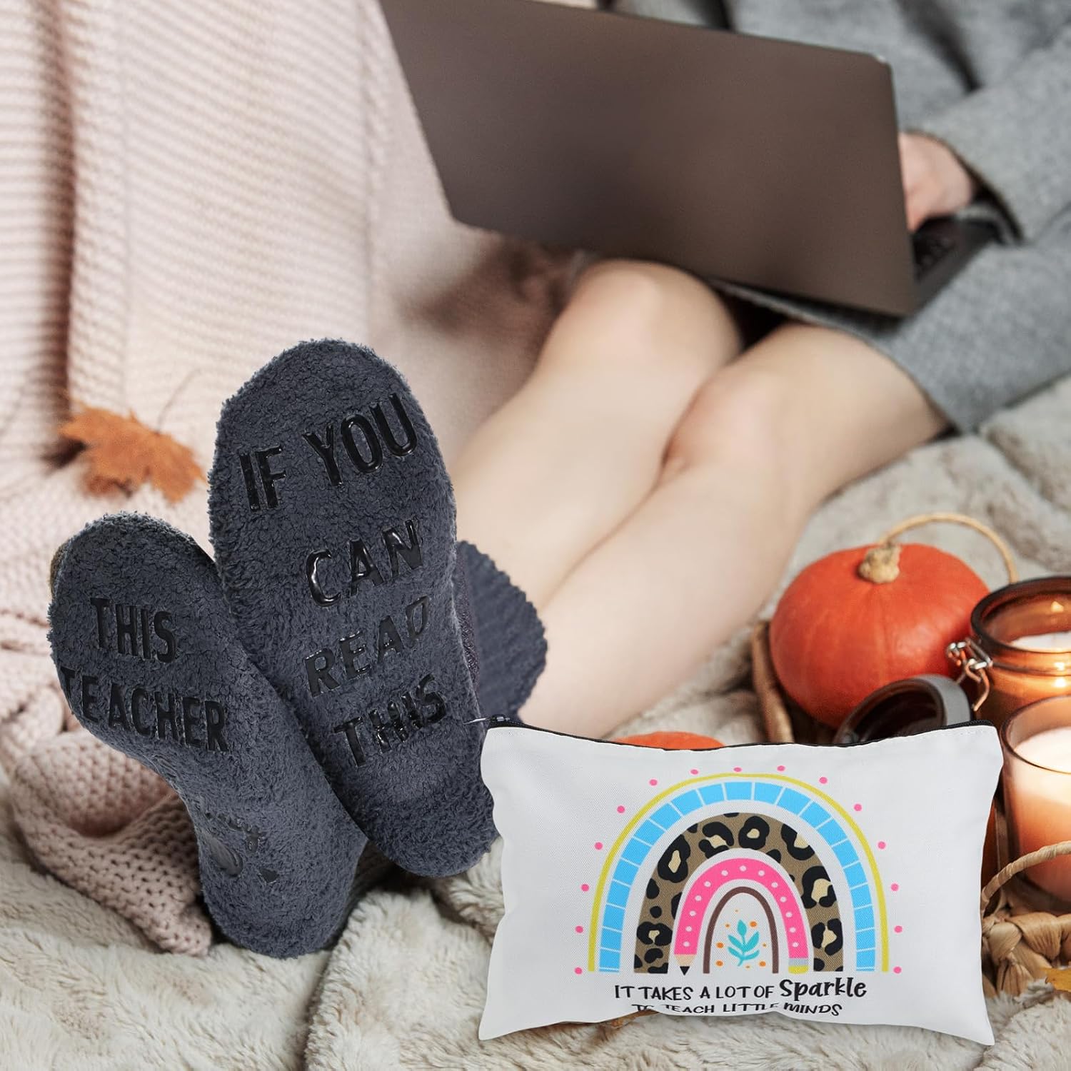 Shinymoon 28 Pcs Teacher Appreciation Gifts Bulk If You Can Read This Teacher Socks 14 Style Thank You Makeup Bags for Graduation Teachers Day Back to School Gifts(Rainbow,White,Coral Fleece)