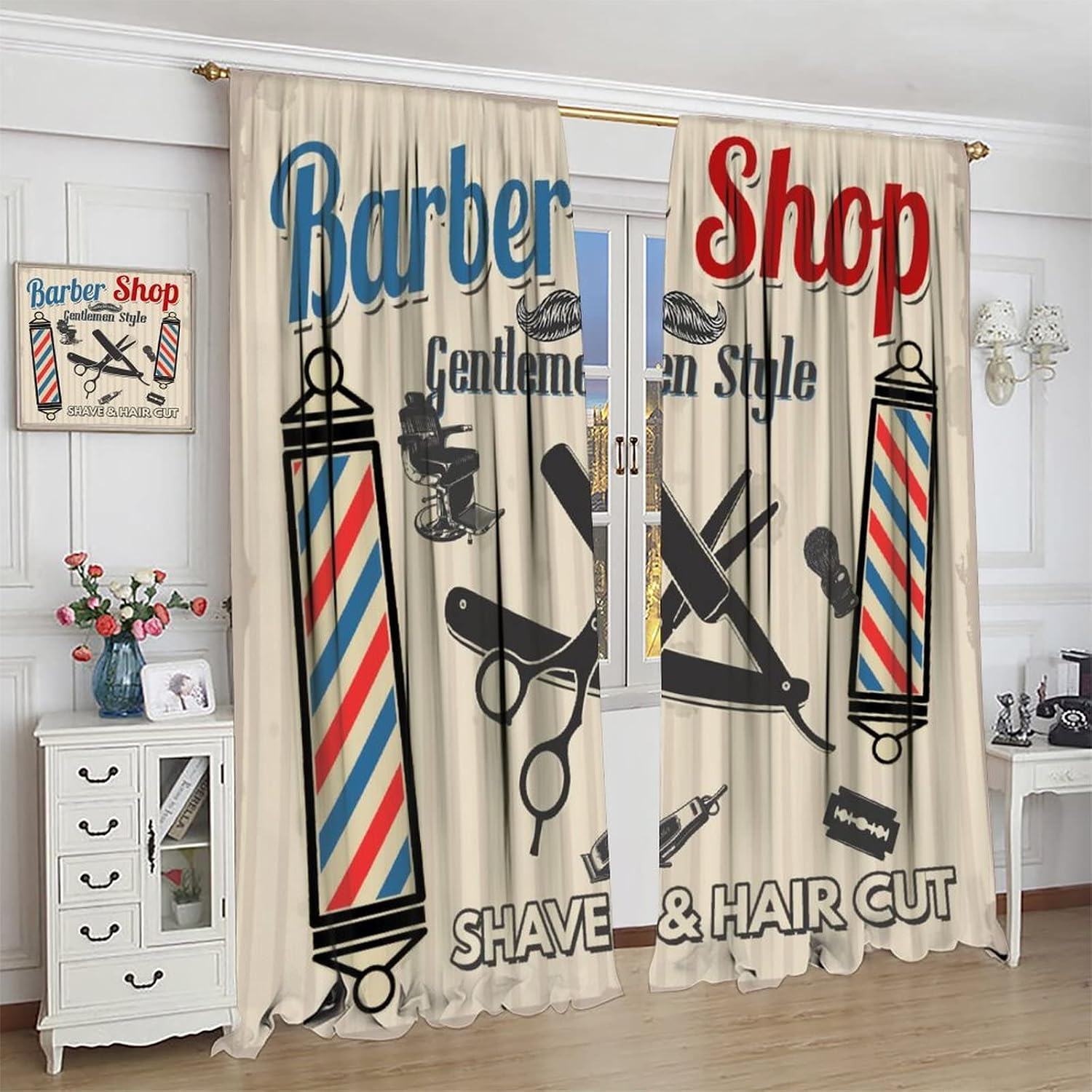 Barber Shop Blackout Curtains,Vintage Hair Cut and Shave Barbershop Beauty Salon Decor Window Treatments Rod Pocket Thermal Insulated Room Darkening Blackout Curtains for Bedroom 2 Panels 54L x 21W
