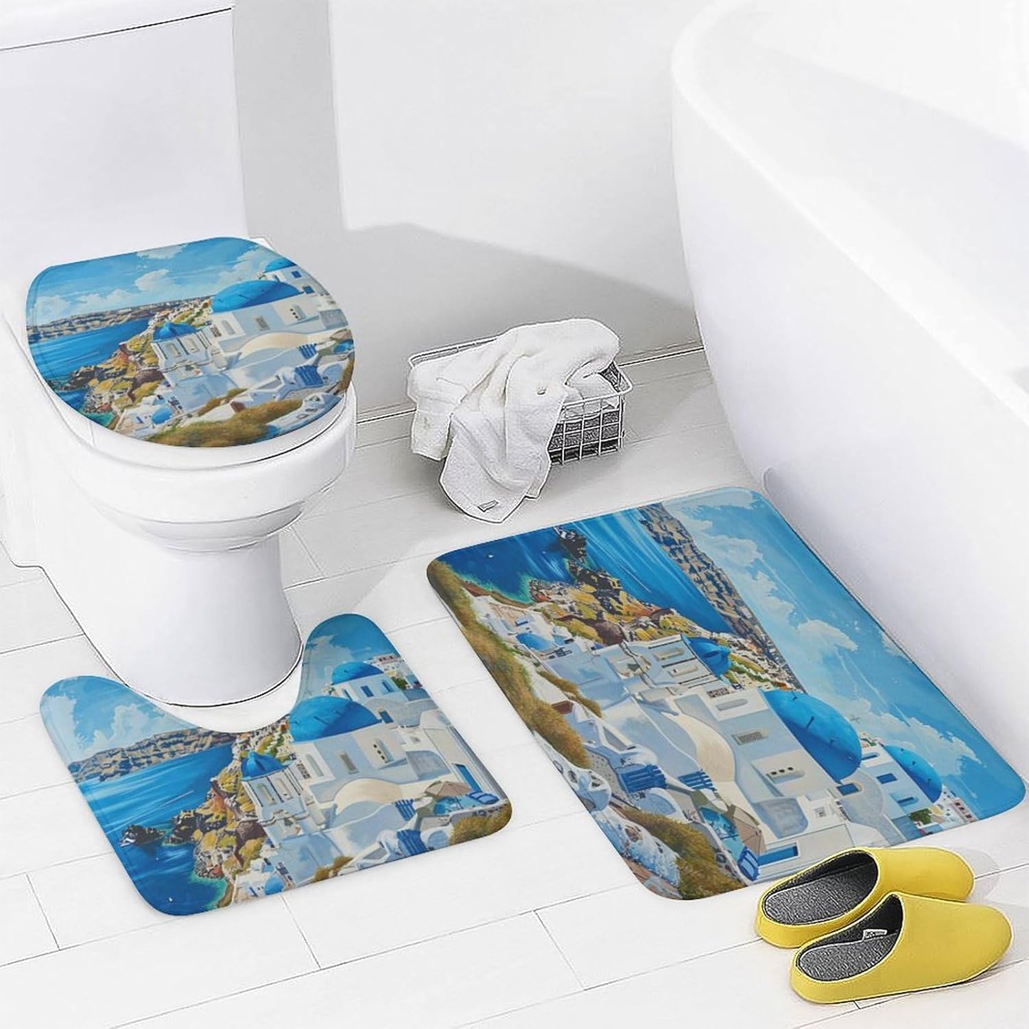 4Pcs Coastal Town Seaside Scenery Shower Curtain, Greece Santorini Blue Sky Sea House Shower Curtain Sets with Toilet Lid Cover, U-Shaped Mat and Non-Slip Rugs, Bathroom Decor Set, 72" x 72"