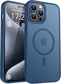 جراب حماية مغناطيسي من الدرجة العسكرية لموبايل ايفون 15 برو من بوياتيا، جراب شفاف غير لامع مضاد للصدمات والخدش/مضاد لبصمات الاصابع لموبايل ايفون 15 برو (ازرق داكن)