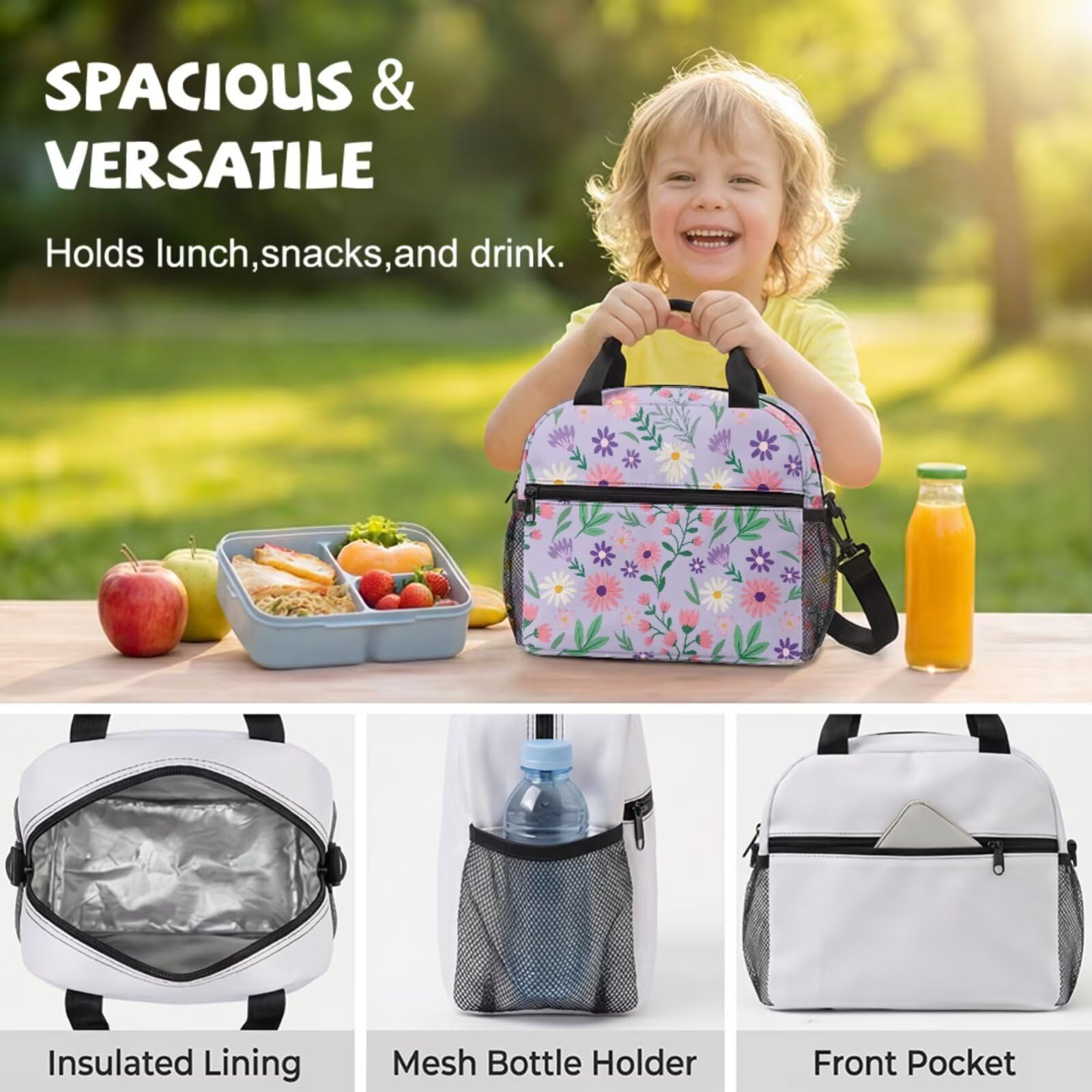 COEQINE Mochila personalizada para niños de 6 a 7 años con fiambrera, mochila escolar preescolar para niñas de 4 a 5 años, Flor morada mixta floral, M, Diseñador