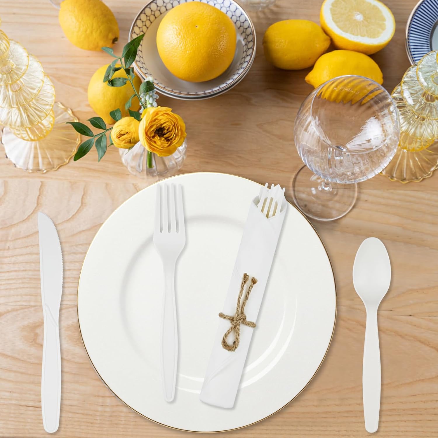 Pre Rolled Napkin Cutlery Set - Compostable Utensils 8" Large Disposable Utensils Wrapped Forks Knives Spoons Napkins Cornstarch Biodegradable Silverware Cutlery for Party (100)