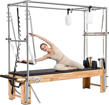 Pilates Reformer Machine, 90 Wooden Pilates Reformer with Cadillac Trapeze Table, Quick-Assembly Pilates Equipment with Sitting Box, Jumpboard, Reformer Accessories for Gym Home Workout