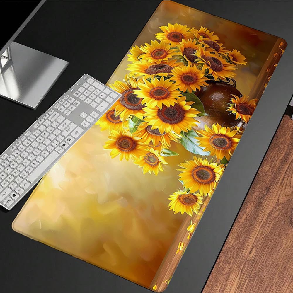 Żółta podkładka pod mysz XXL, podkładka na biurko, 1200 x 600 cm, szyte krawędzie, podkładka pod mysz, gumowa podstawa, słonecznik, podkładka pod mysz, stabilna przyczepność na gładkich