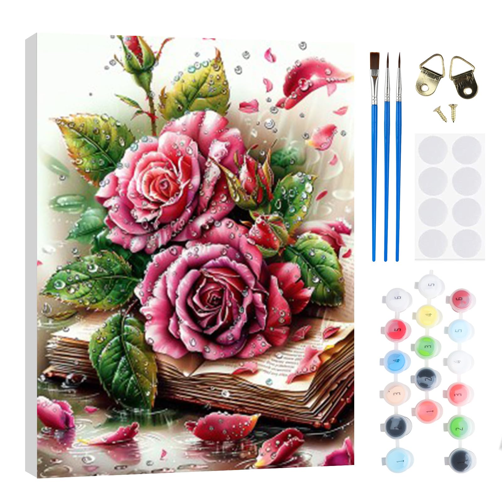 RICUVED Rose Book Paint by Numbers Kit for Adults–Flowers Paint by Numbers DIY Oil Acrylic Painting Canvas 20x30 cm with Wooden Framed, Easy Art Set for Adults Kids, Perfect for Decor Gift