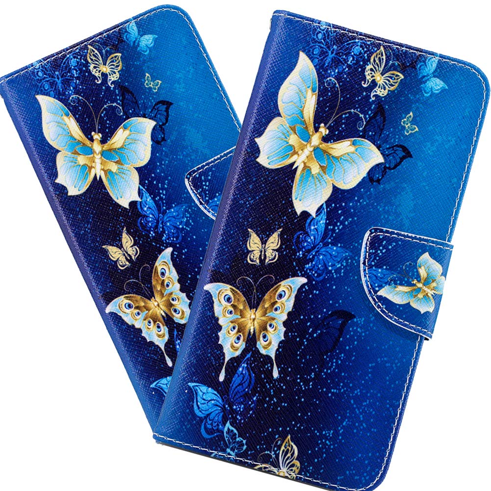 HMTECHUSCase for Samsung A10E Golden Blue Butterfly Elegant PU Leather Flip Card Slot Wallet Kickstand Bookstyle Magnetic Buckle Cover Compatible with Samsung Galaxy A10E Golden Blue Butterfly BF
