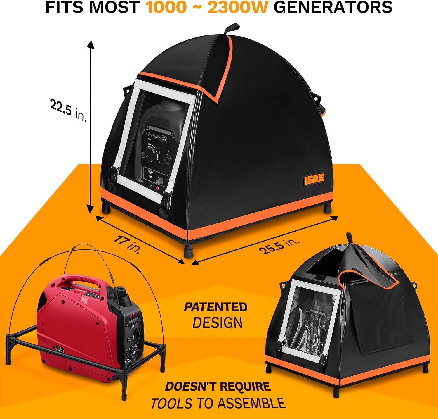 IGAN Small Inverter Generator Tent Cover While Running, Compatible for Honda and Most 1000~2300 Watts Generators, Portable Outdoor All-Weather Tarpaulin Cover for Rain, Orange